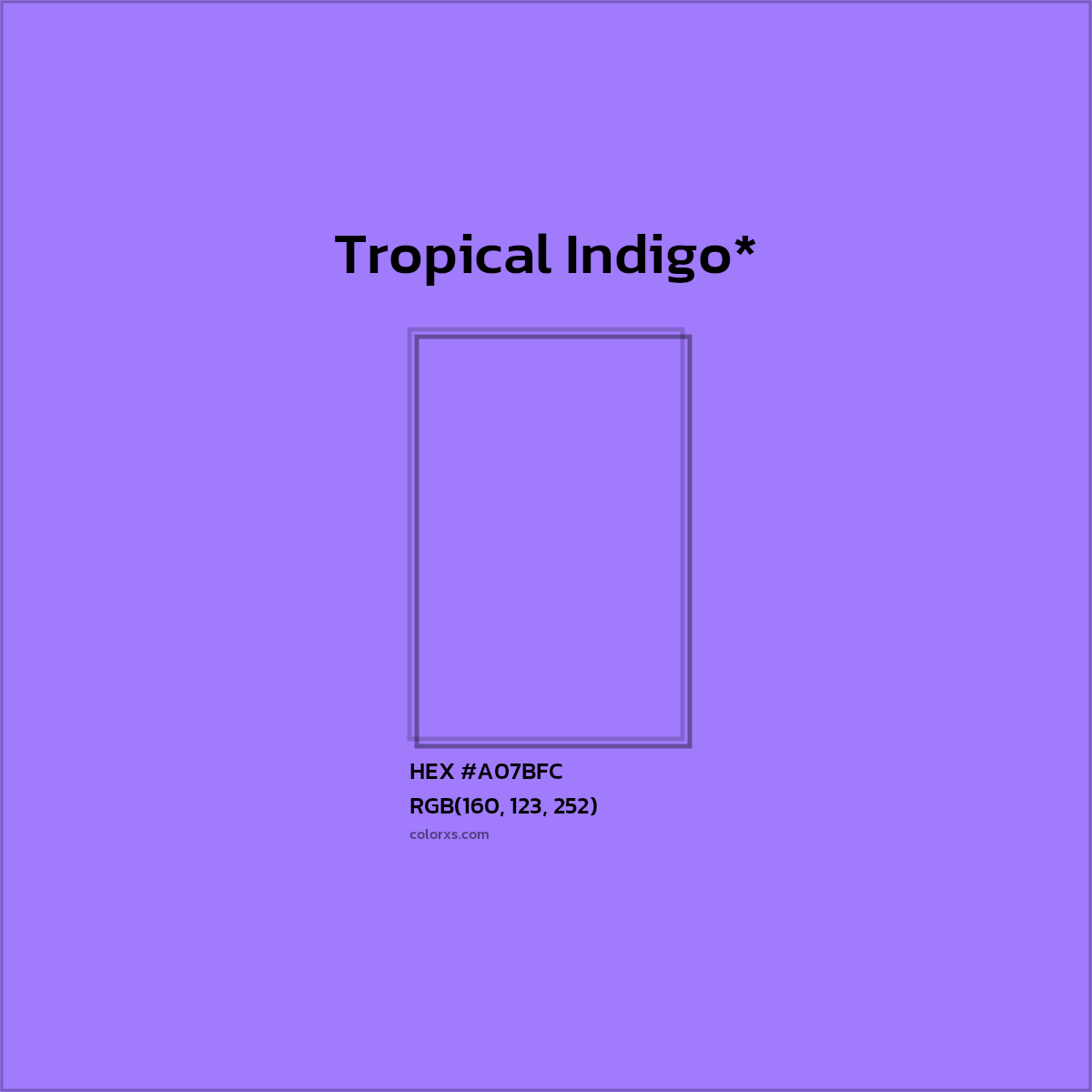 #A07BFC hex color. RGB, RYB, CMYK, HSL, HSV codes and color conversions. Matching color names, palettes, paints.