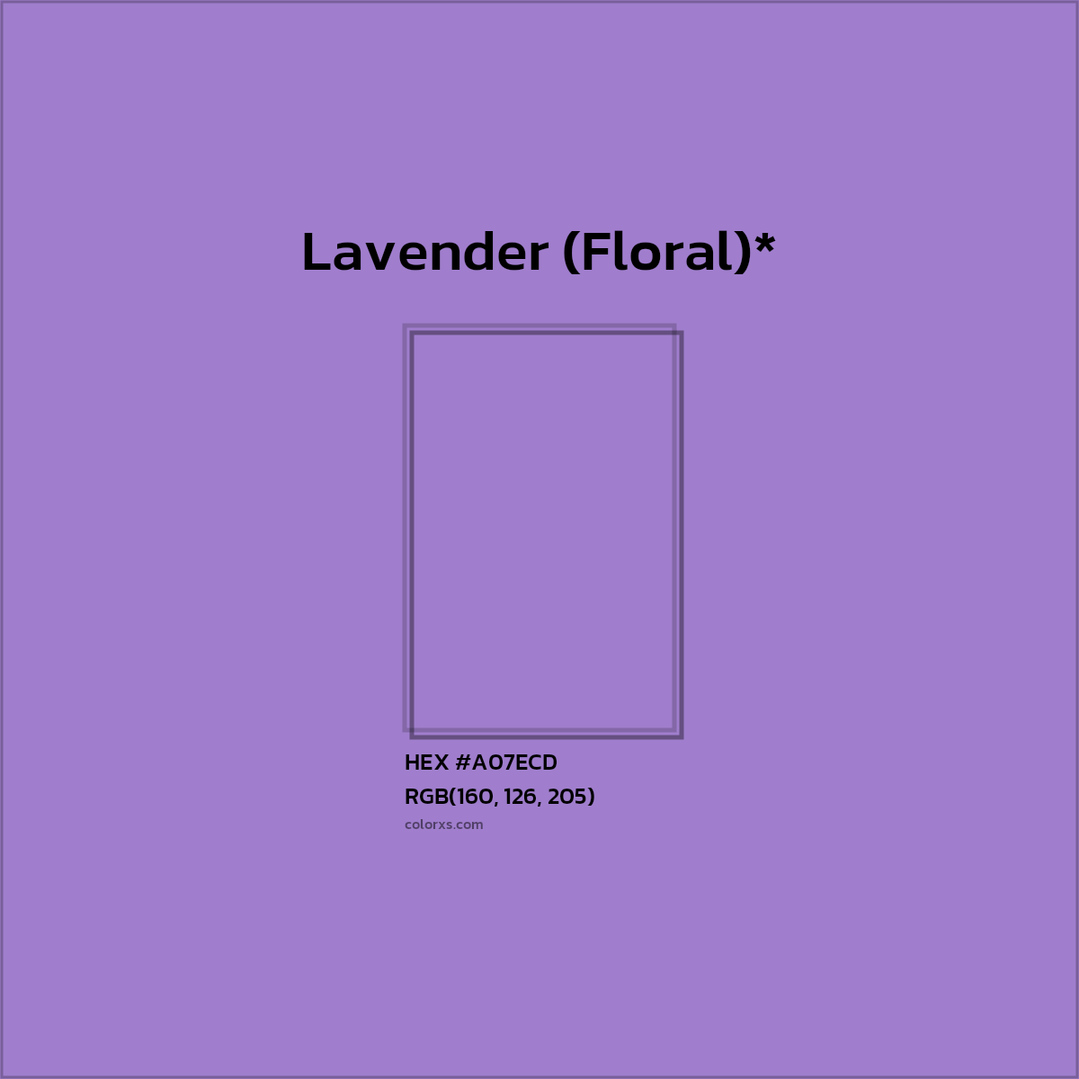 #A07ECD hex color. RGB, RYB, CMYK, HSL, HSV codes and color conversions. Matching color names, palettes, paints.