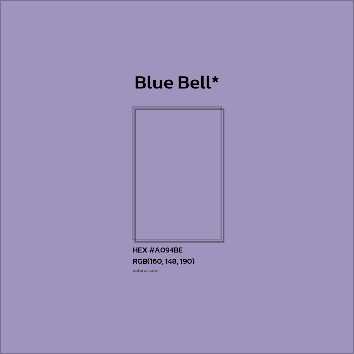 #A094BE hex color. RGB, RYB, CMYK, HSL, HSV codes and color conversions. Matching color names, palettes, paints.
