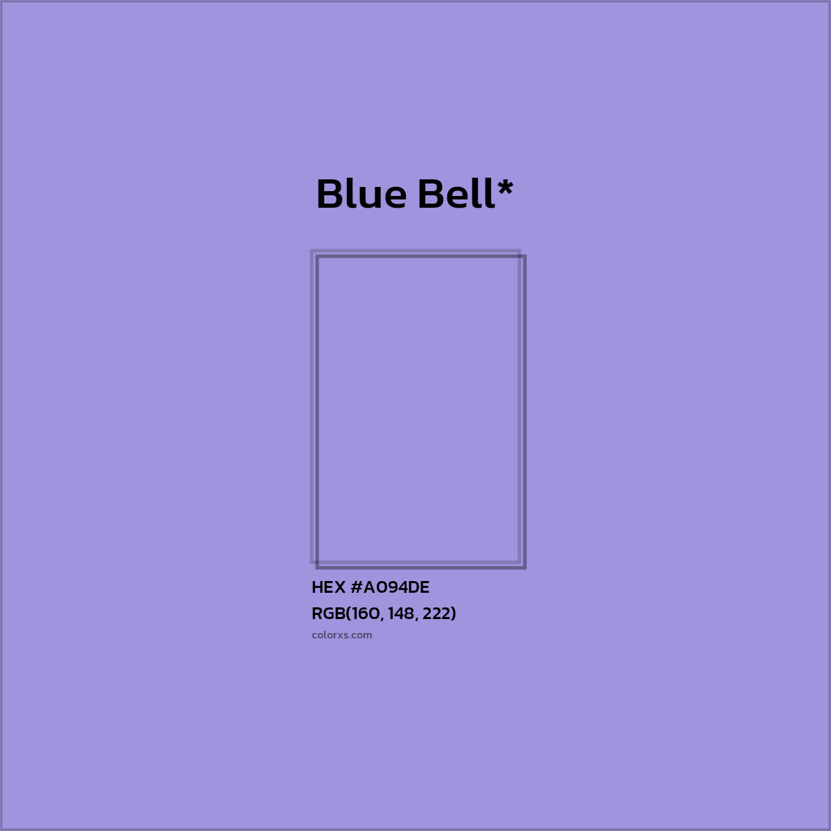 #A094DE hex color. RGB, RYB, CMYK, HSL, HSV codes and color conversions. Matching color names, palettes, paints.