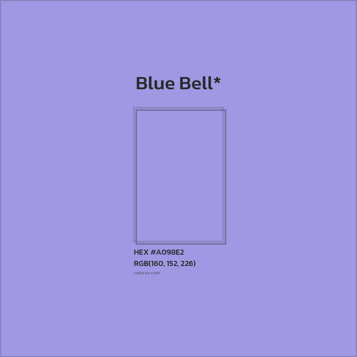 #A098E2 hex color. RGB, RYB, CMYK, HSL, HSV codes and color conversions. Matching color names, palettes, paints.
