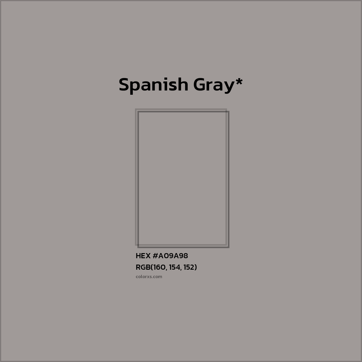 #A09A98 hex color. RGB, RYB, CMYK, HSL, HSV codes and color conversions. Matching color names, palettes, paints.