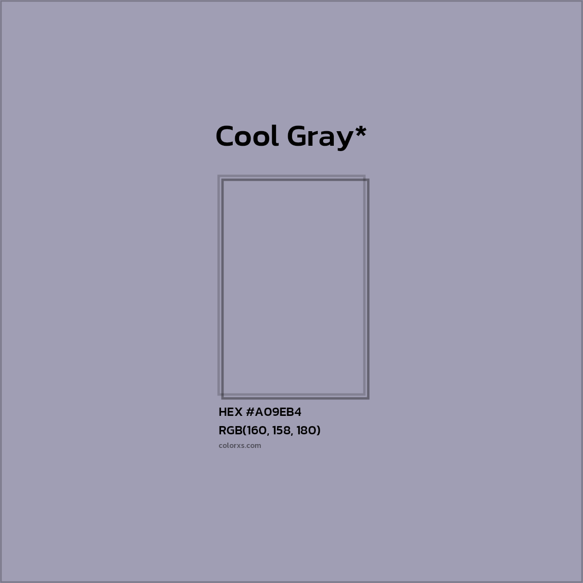 #A09EB4 hex color. RGB, RYB, CMYK, HSL, HSV codes and color conversions. Matching color names, palettes, paints.