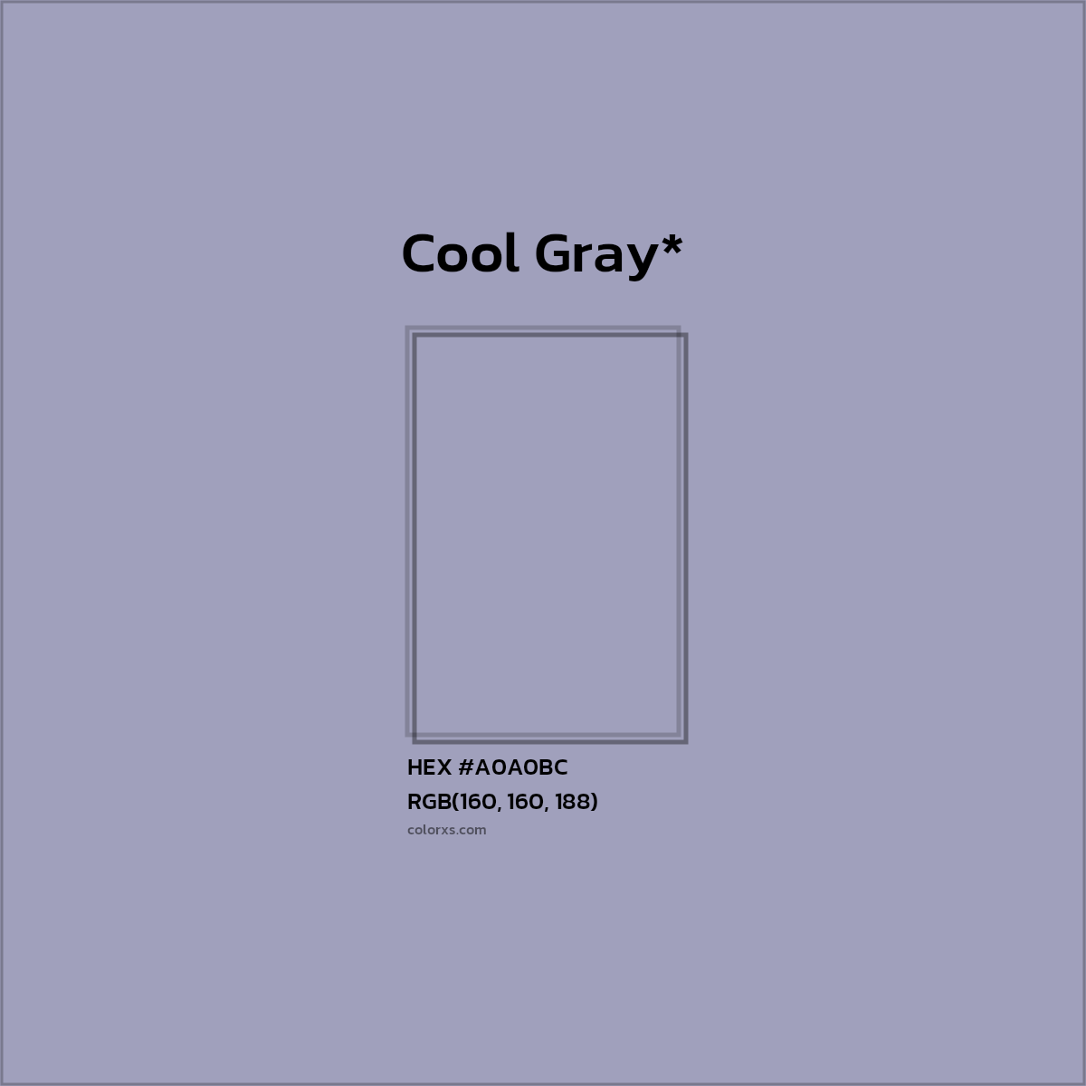 #A0A0BC hex color. RGB, RYB, CMYK, HSL, HSV codes and color conversions. Matching color names, palettes, paints.