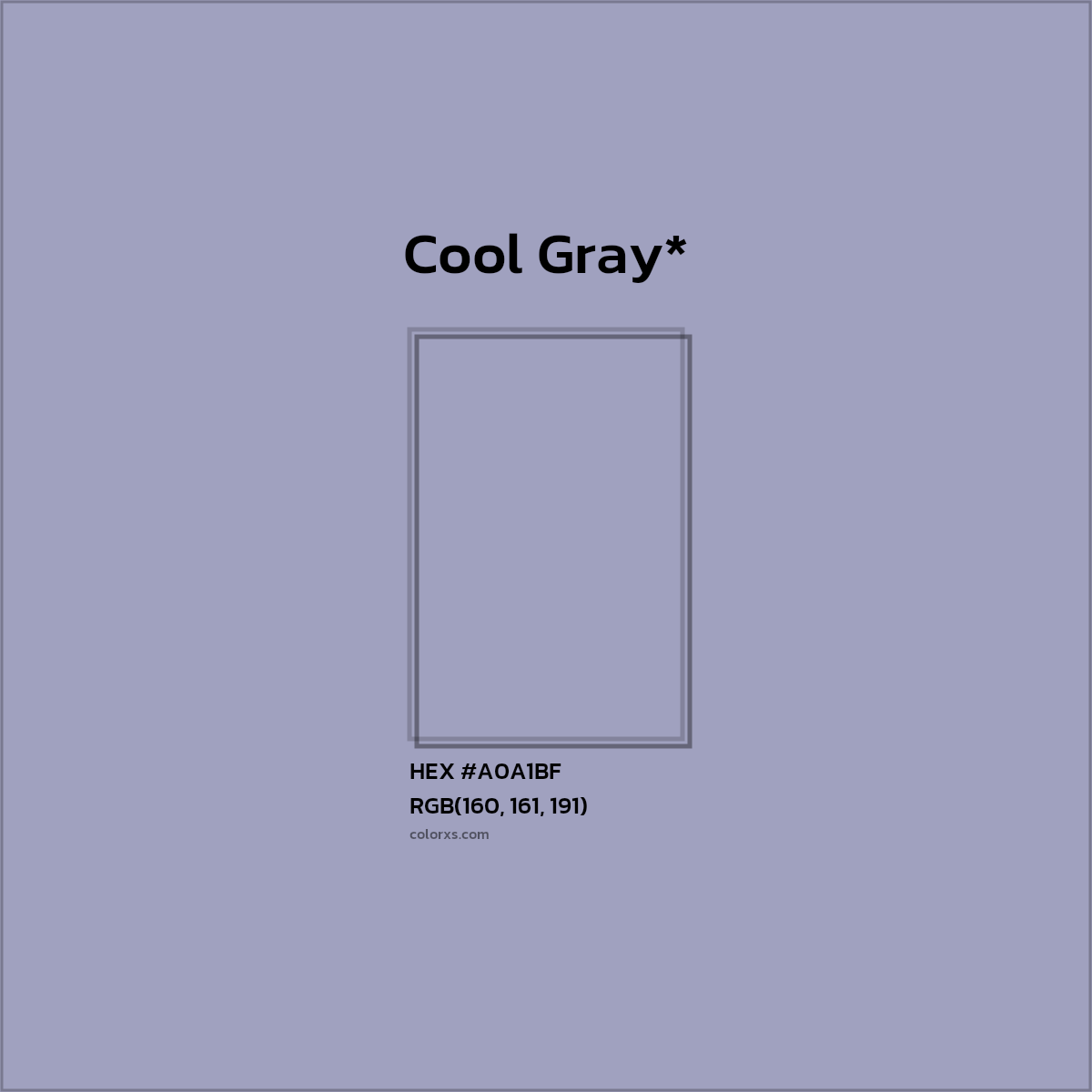 #A0A1BF hex color. RGB, RYB, CMYK, HSL, HSV codes and color conversions. Matching color names, palettes, paints.