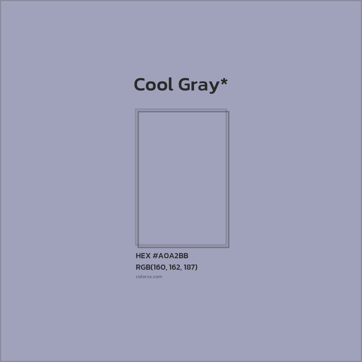#A0A2BB hex color. RGB, RYB, CMYK, HSL, HSV codes and color conversions. Matching color names, palettes, paints.
