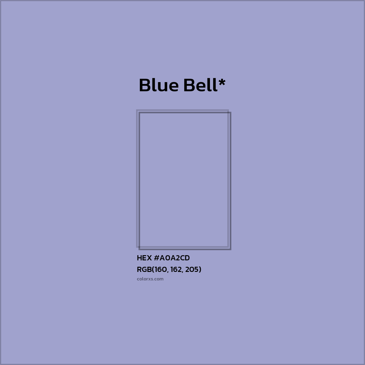 #A0A2CD hex color. RGB, RYB, CMYK, HSL, HSV codes and color conversions. Matching color names, palettes, paints.