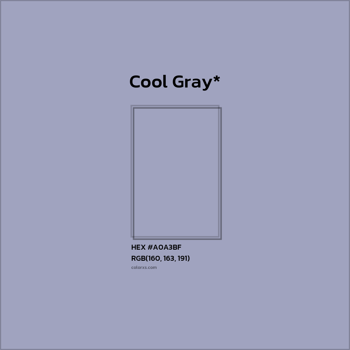 #A0A3BF hex color. RGB, RYB, CMYK, HSL, HSV codes and color conversions. Matching color names, palettes, paints.