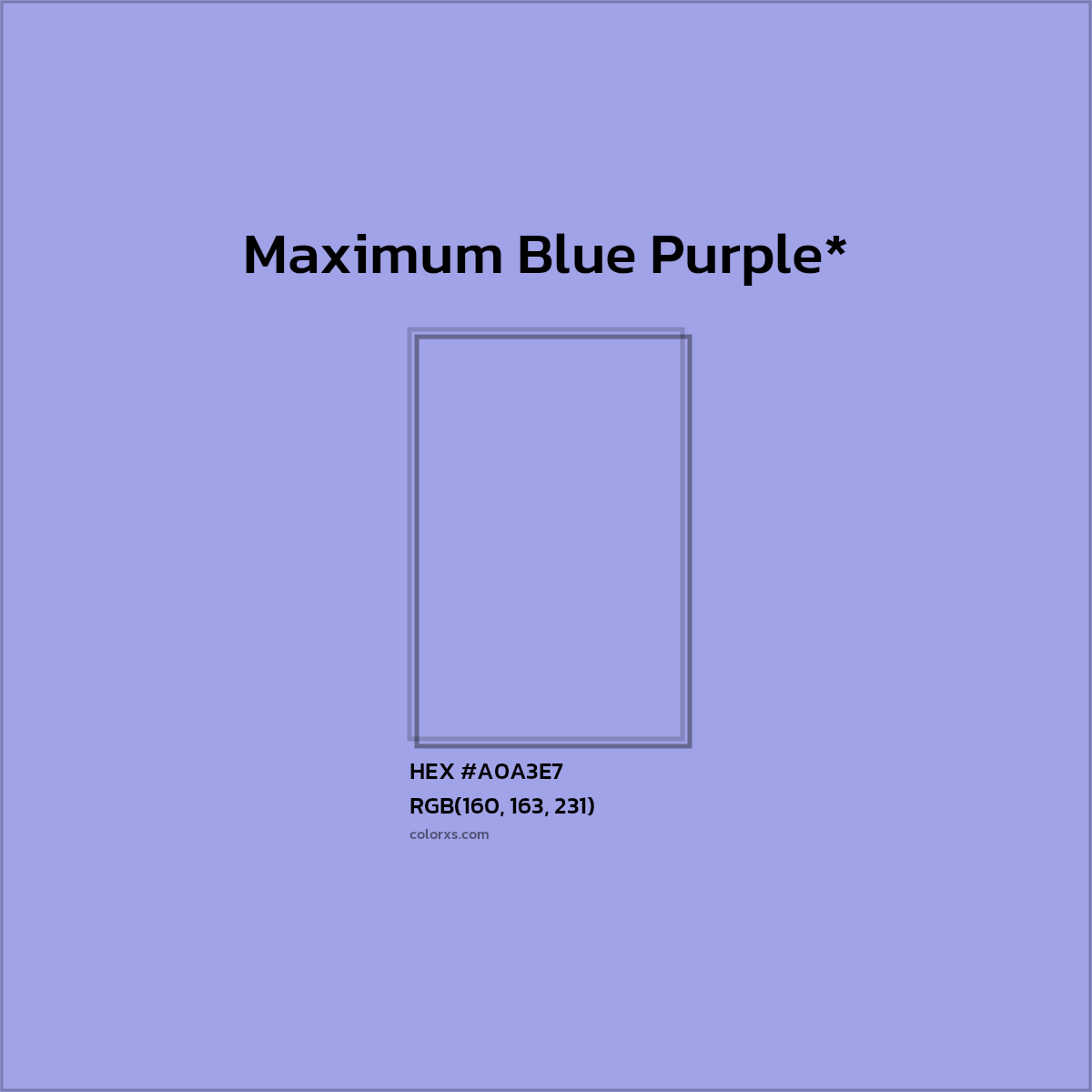 #A0A3E7 hex color. RGB, RYB, CMYK, HSL, HSV codes and color conversions. Matching color names, palettes, paints.