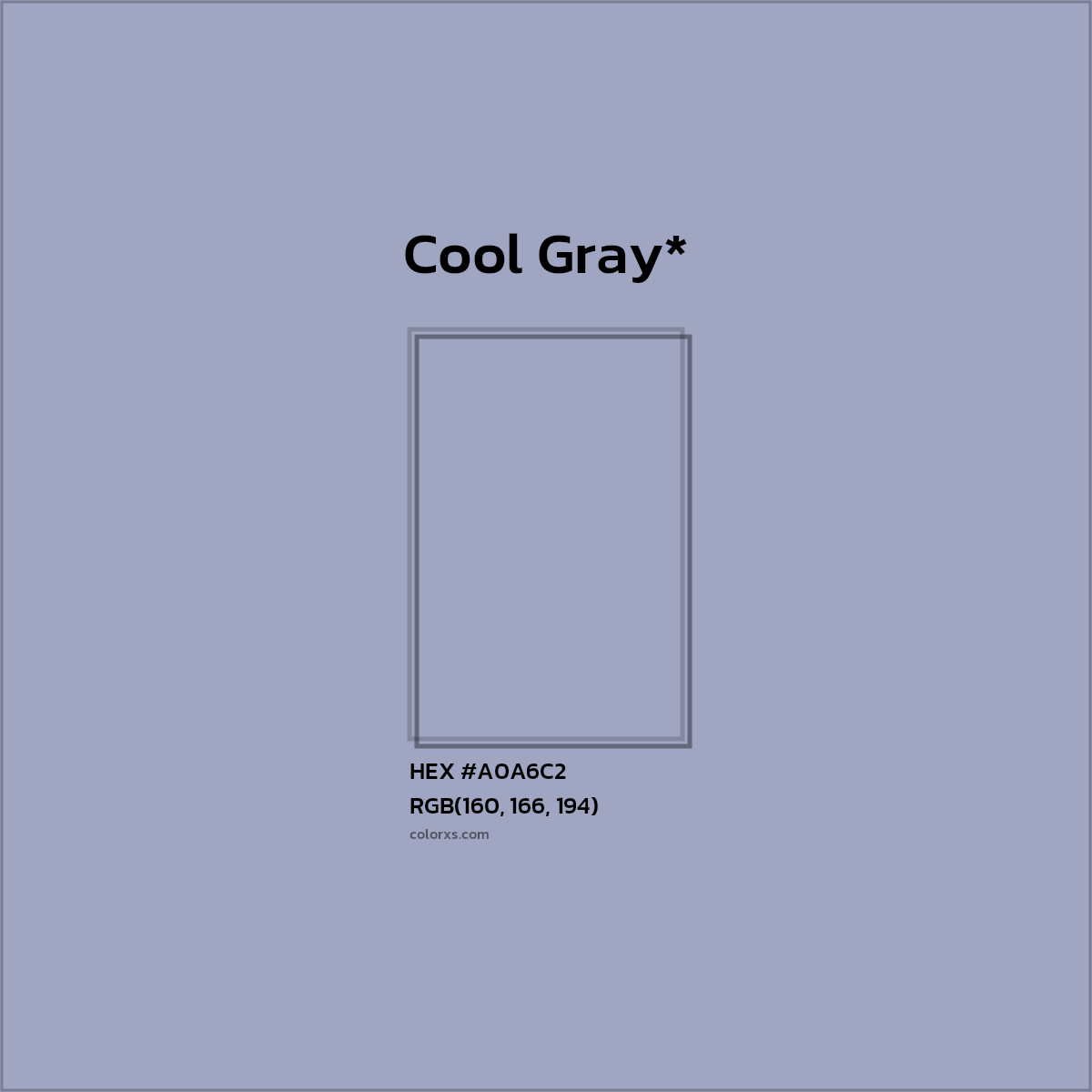 #A0A6C2 hex color. RGB, RYB, CMYK, HSL, HSV codes and color conversions. Matching color names, palettes, paints.