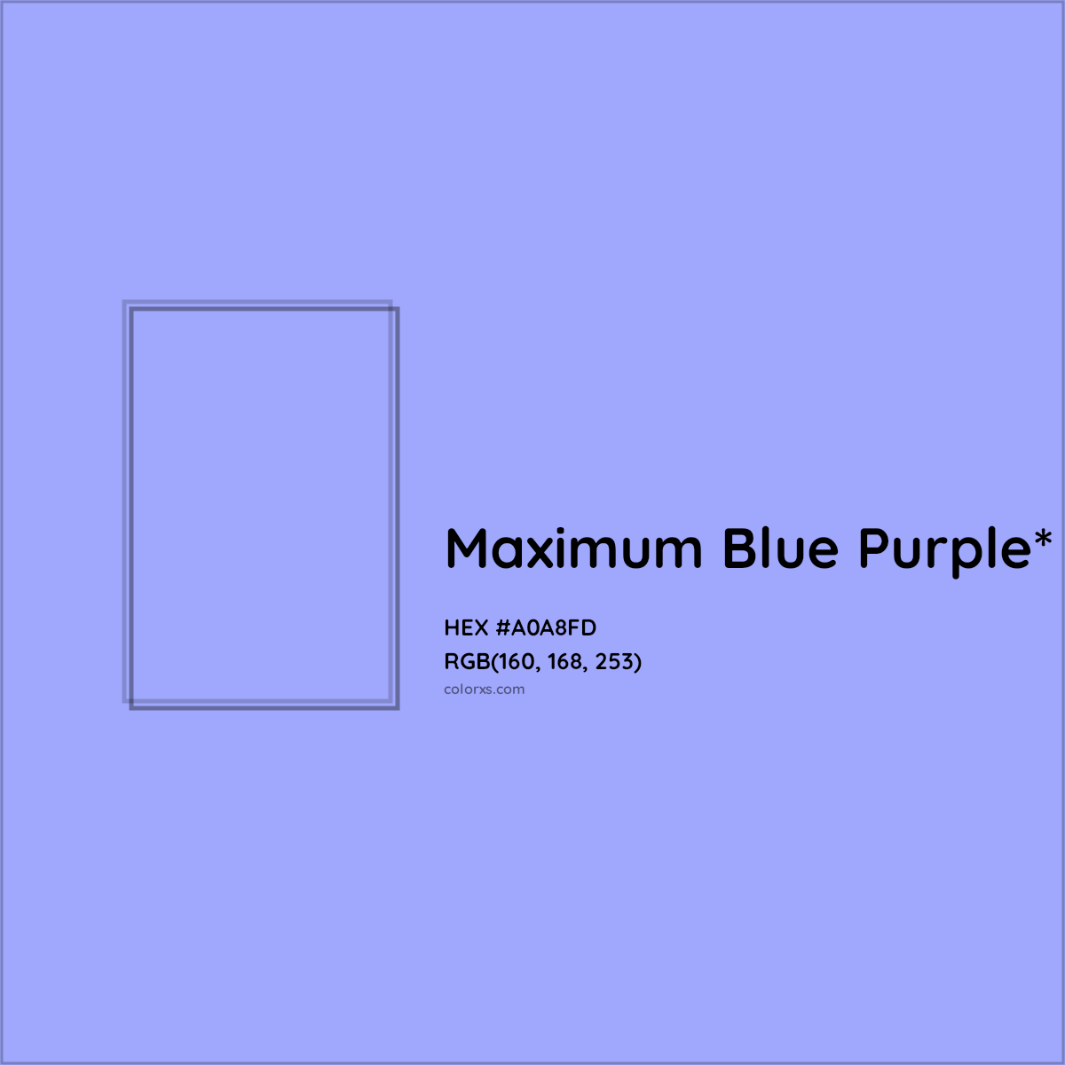 #A0A8FD hex color. RGB, RYB, CMYK, HSL, HSV codes and color conversions. Matching color names, palettes, paints.