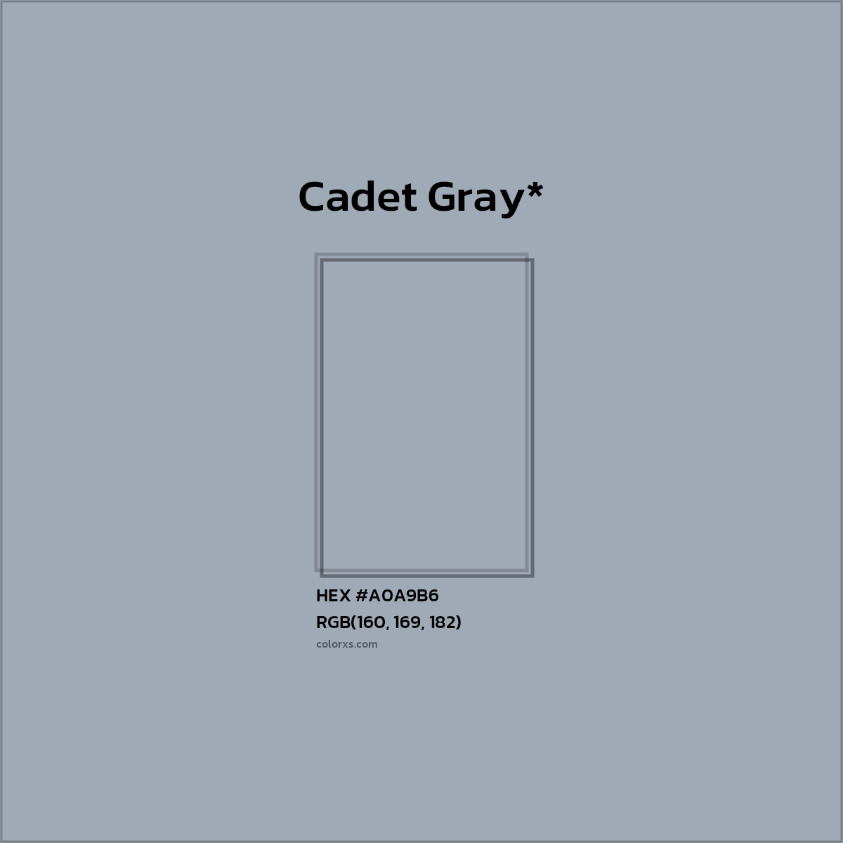 #A0A9B6 hex color. RGB, RYB, CMYK, HSL, HSV codes and color conversions. Matching color names, palettes, paints.