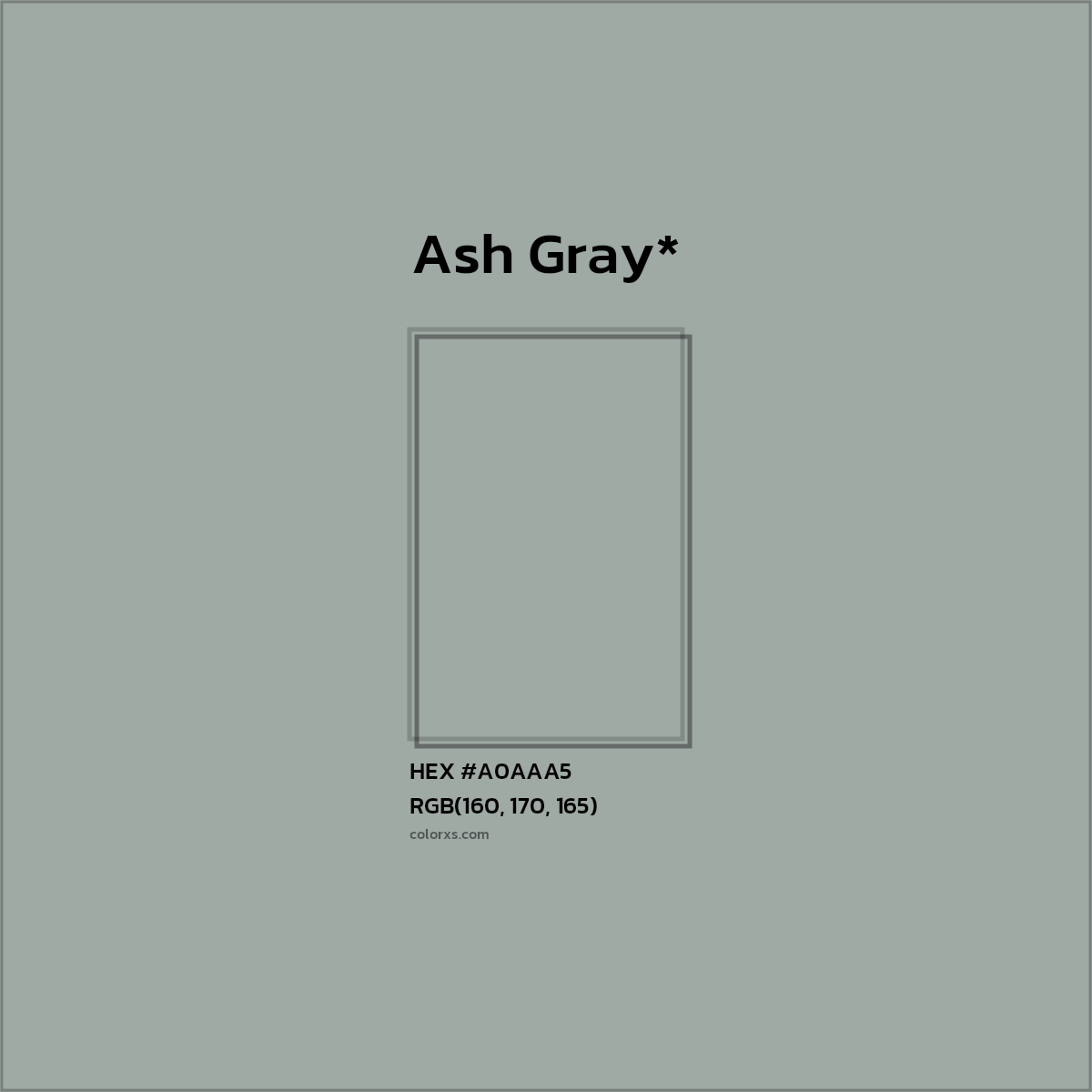#A0AAA5 hex color. RGB, RYB, CMYK, HSL, HSV codes and color conversions. Matching color names, palettes, paints.