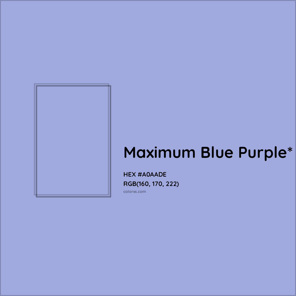 #A0AADE hex color. RGB, RYB, CMYK, HSL, HSV codes and color conversions. Matching color names, palettes, paints.