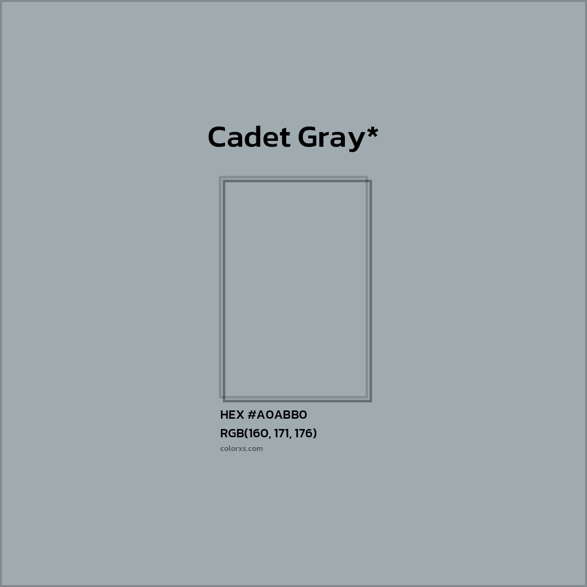 #A0ABB0 hex color. RGB, RYB, CMYK, HSL, HSV codes and color conversions. Matching color names, palettes, paints.