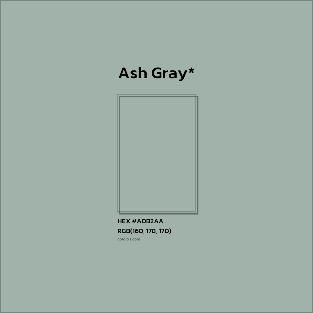 #A0B2AA hex color. RGB, RYB, CMYK, HSL, HSV codes and color conversions. Matching color names, palettes, paints.
