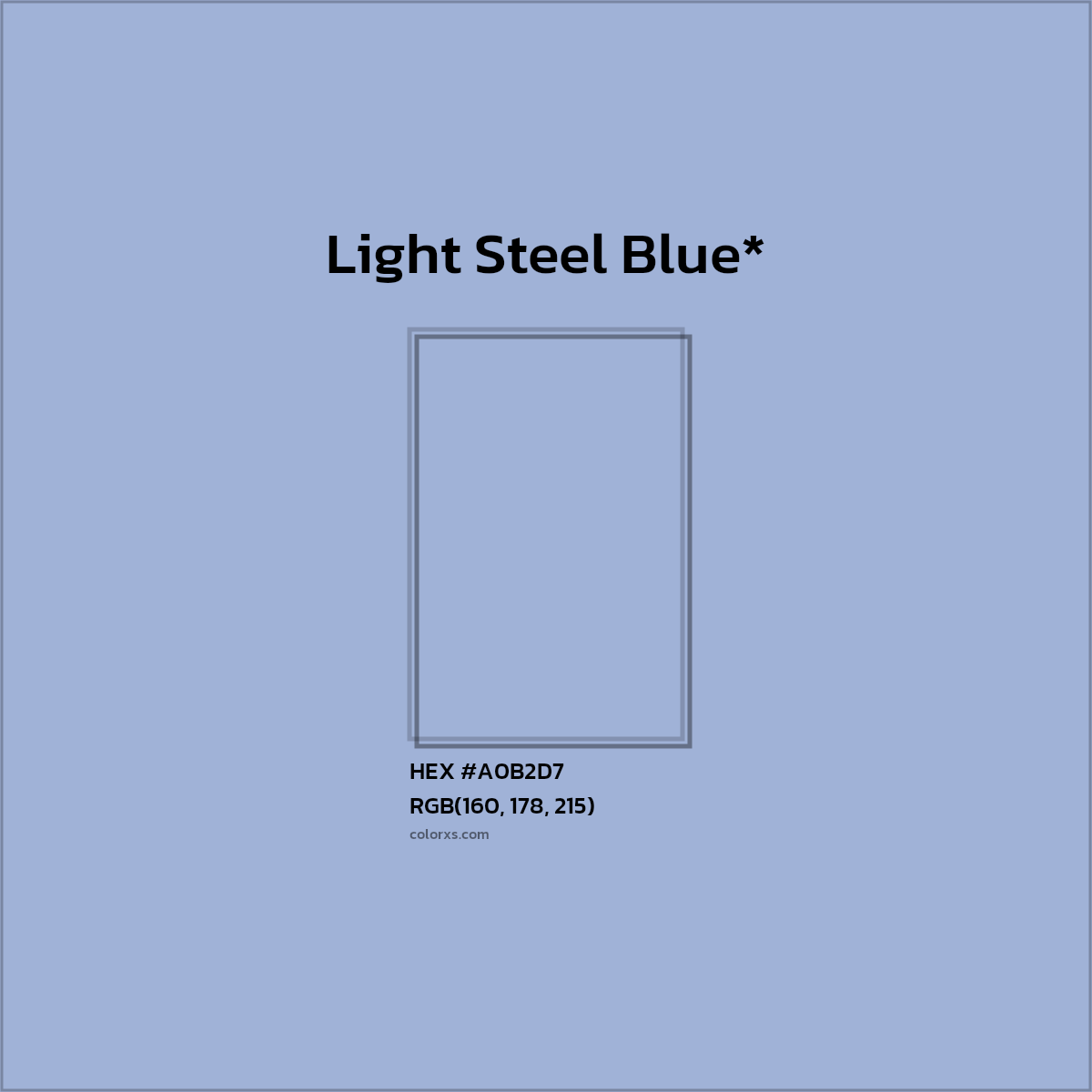 #A0B2D7 hex color. RGB, RYB, CMYK, HSL, HSV codes and color conversions. Matching color names, palettes, paints.