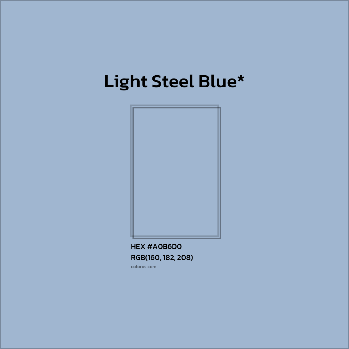 #A0B6D0 hex color. RGB, RYB, CMYK, HSL, HSV codes and color conversions. Matching color names, palettes, paints.