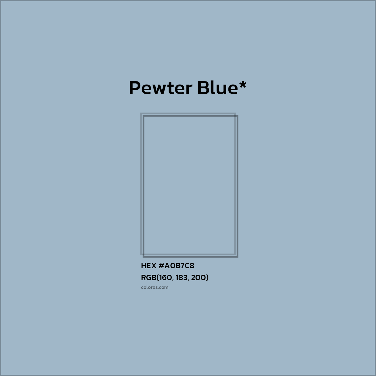 #A0B7C8 hex color. RGB, RYB, CMYK, HSL, HSV codes and color conversions. Matching color names, palettes, paints.