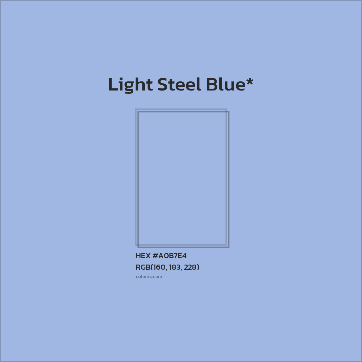 #A0B7E4 hex color. RGB, RYB, CMYK, HSL, HSV codes and color conversions. Matching color names, palettes, paints.