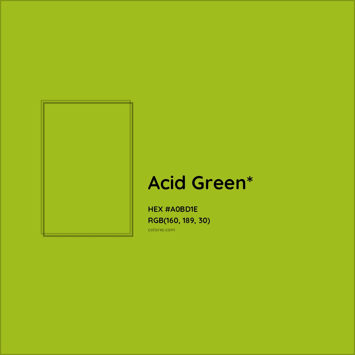 #A0BD1E hex color. RGB, RYB, CMYK, HSL, HSV codes and color conversions. Matching color names, palettes, paints.