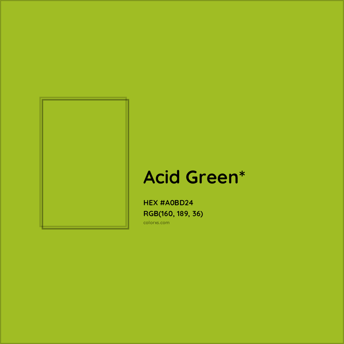 #A0BD24 hex color. RGB, RYB, CMYK, HSL, HSV codes and color conversions. Matching color names, palettes, paints.