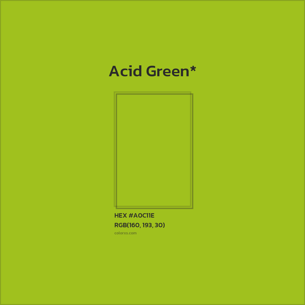 #A0C11E hex color. RGB, RYB, CMYK, HSL, HSV codes and color conversions. Matching color names, palettes, paints.