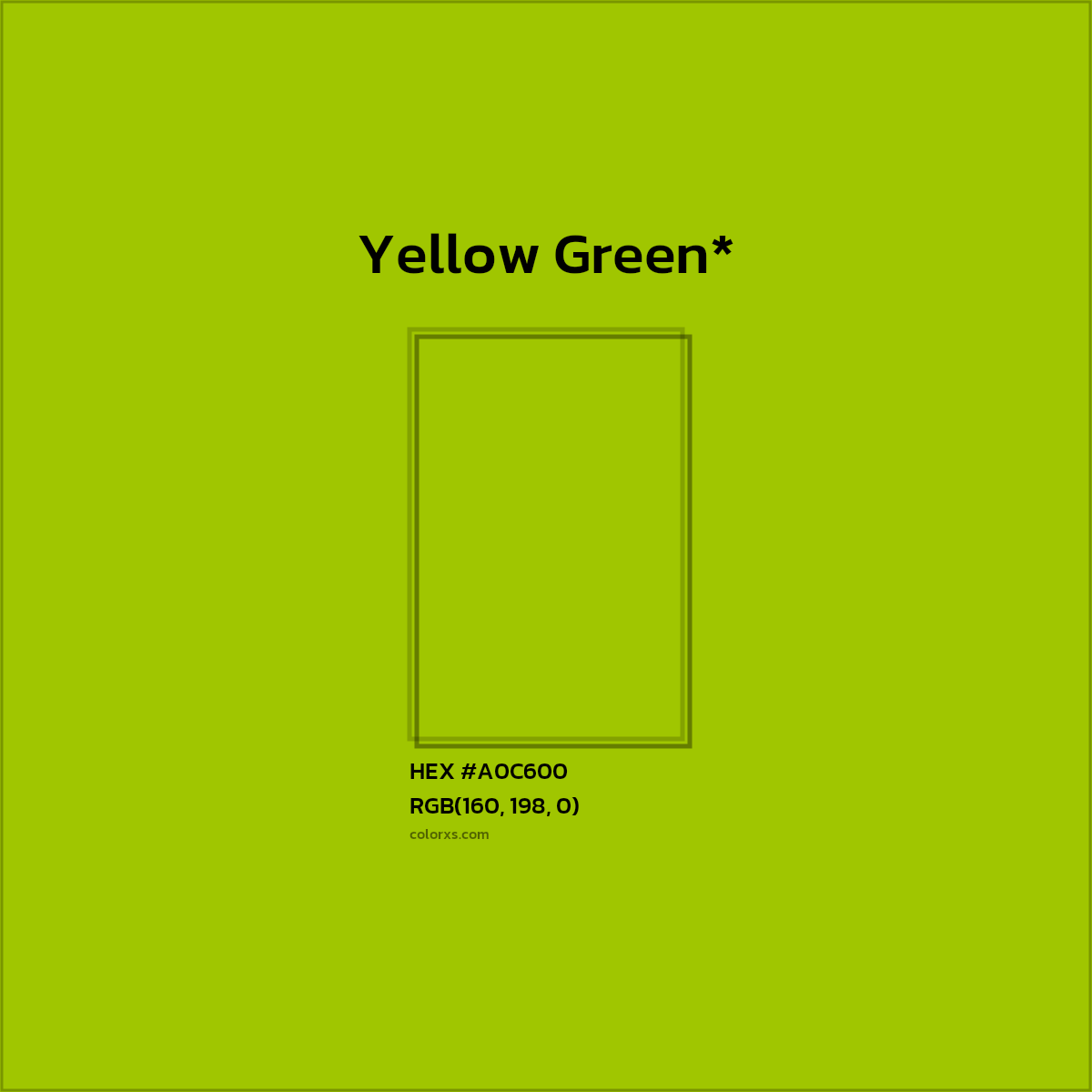 #A0C600 hex color. RGB, RYB, CMYK, HSL, HSV codes and color conversions. Matching color names, palettes, paints.