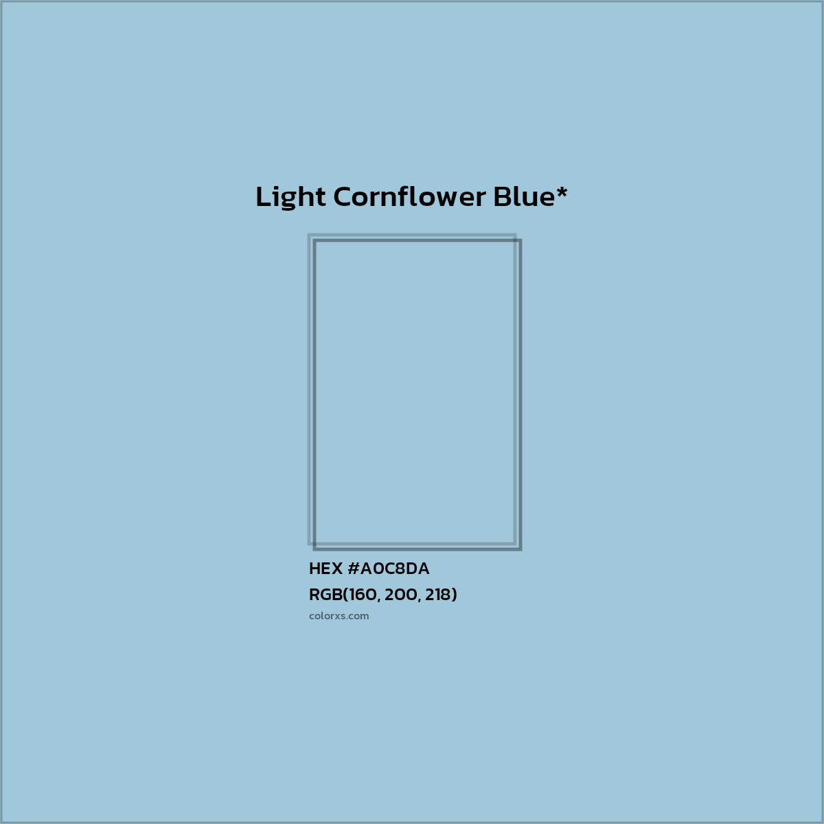 #A0C8DA hex color. RGB, RYB, CMYK, HSL, HSV codes and color conversions. Matching color names, palettes, paints.