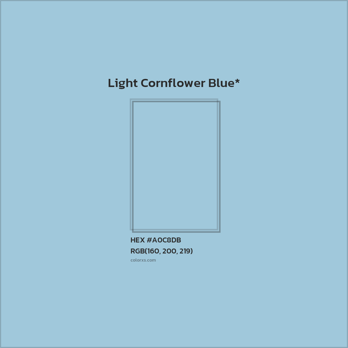 #A0C8DB hex color. RGB, RYB, CMYK, HSL, HSV codes and color conversions. Matching color names, palettes, paints.