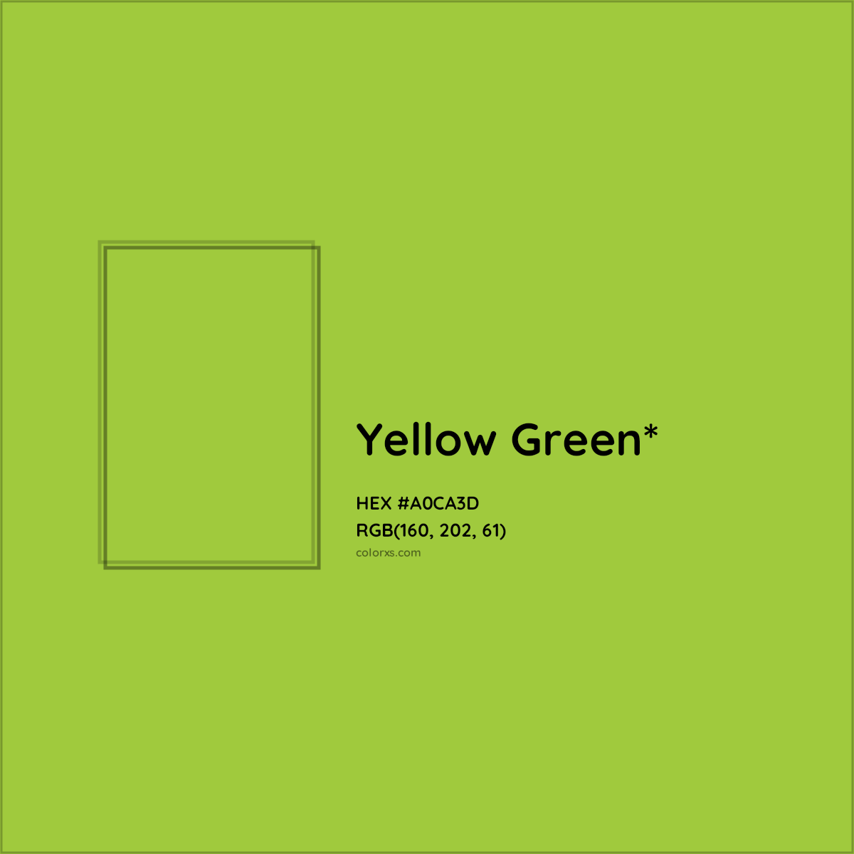 #A0CA3D hex color. RGB, RYB, CMYK, HSL, HSV codes and color conversions. Matching color names, palettes, paints.