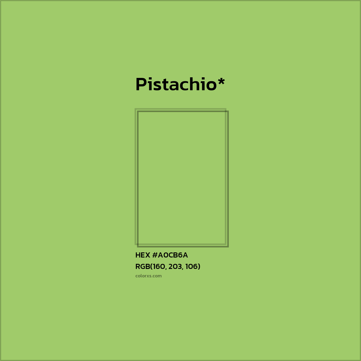 #A0CB6A hex color. RGB, RYB, CMYK, HSL, HSV codes and color conversions. Matching color names, palettes, paints.