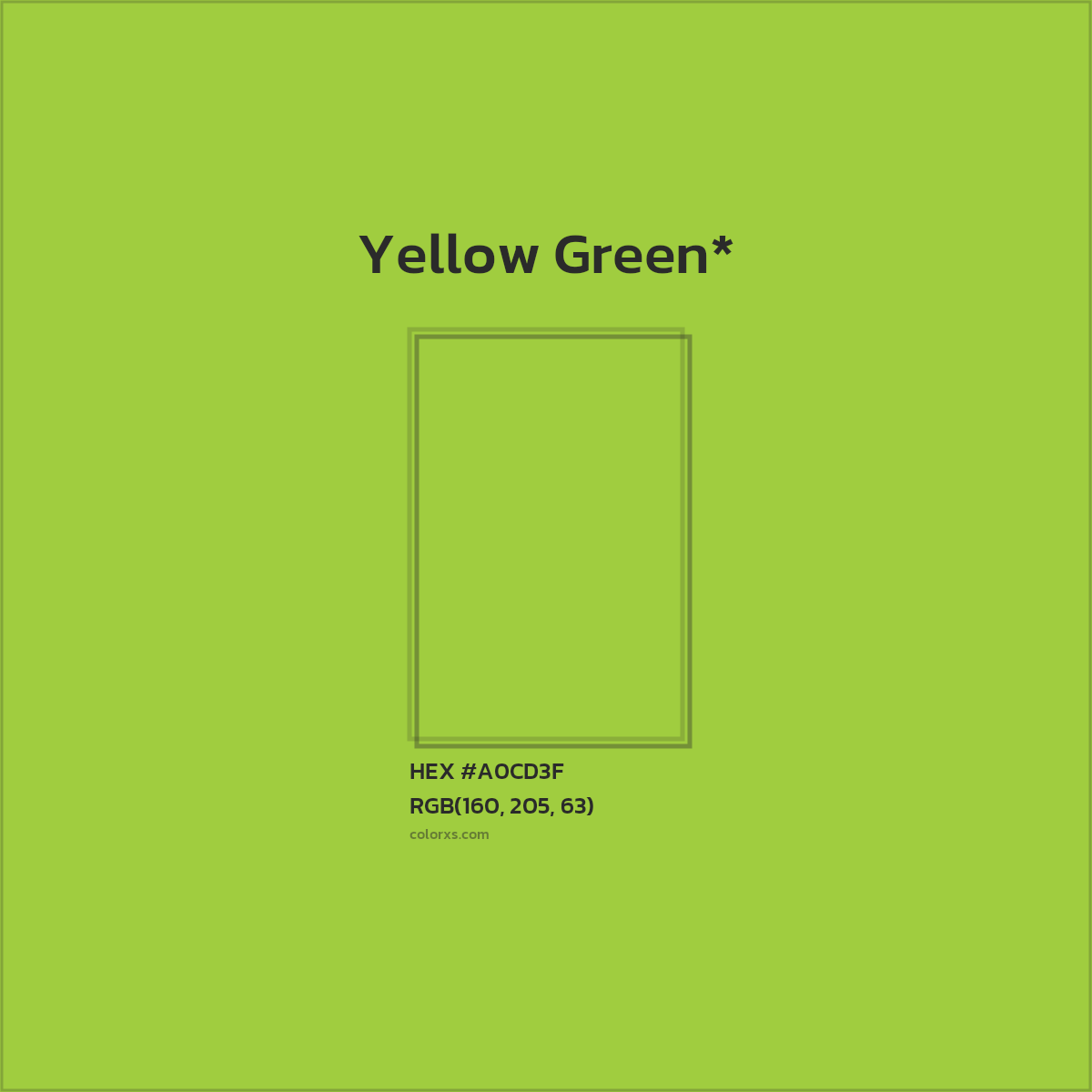 #A0CD3F hex color. RGB, RYB, CMYK, HSL, HSV codes and color conversions. Matching color names, palettes, paints.