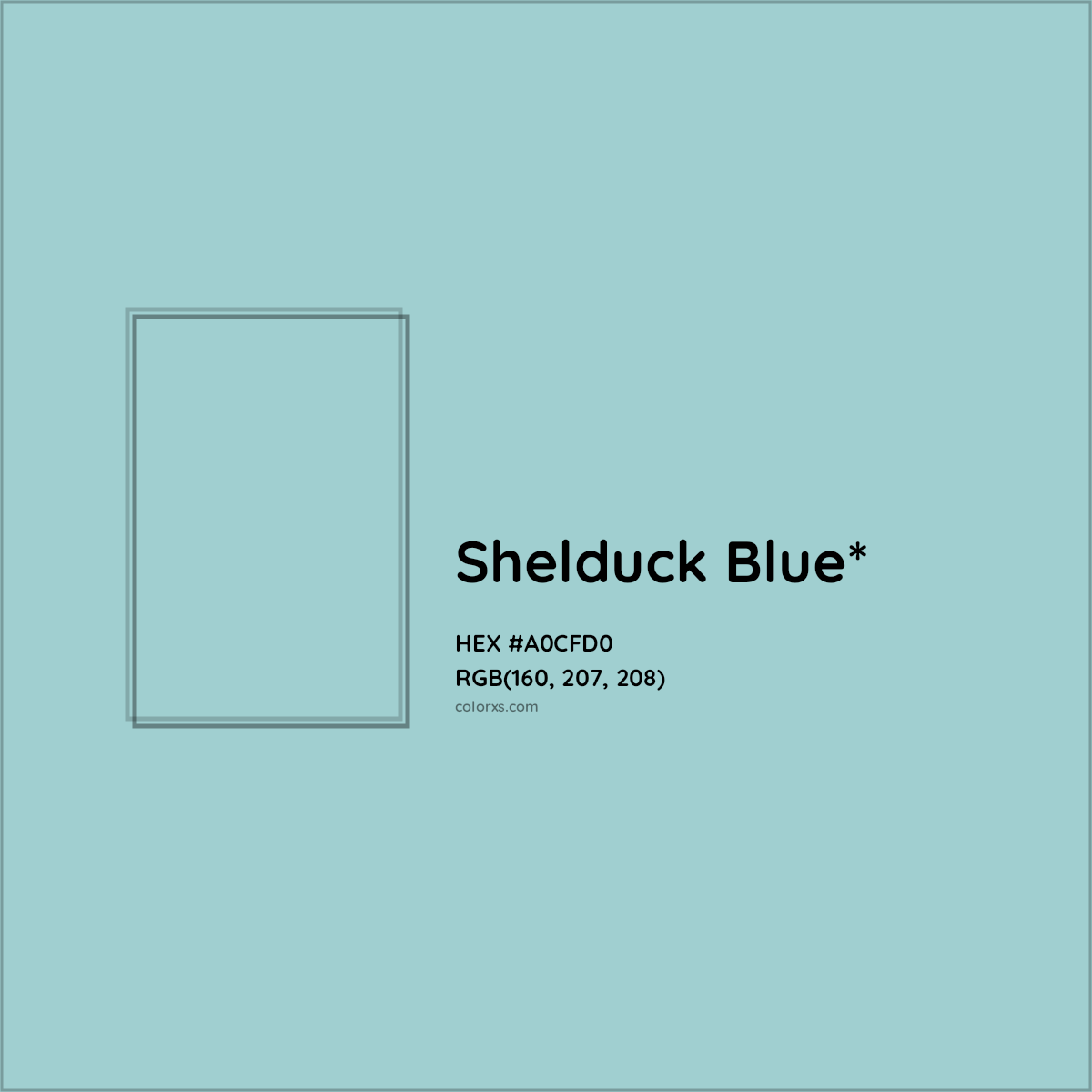 #A0CFD0 hex color. RGB, RYB, CMYK, HSL, HSV codes and color conversions. Matching color names, palettes, paints.