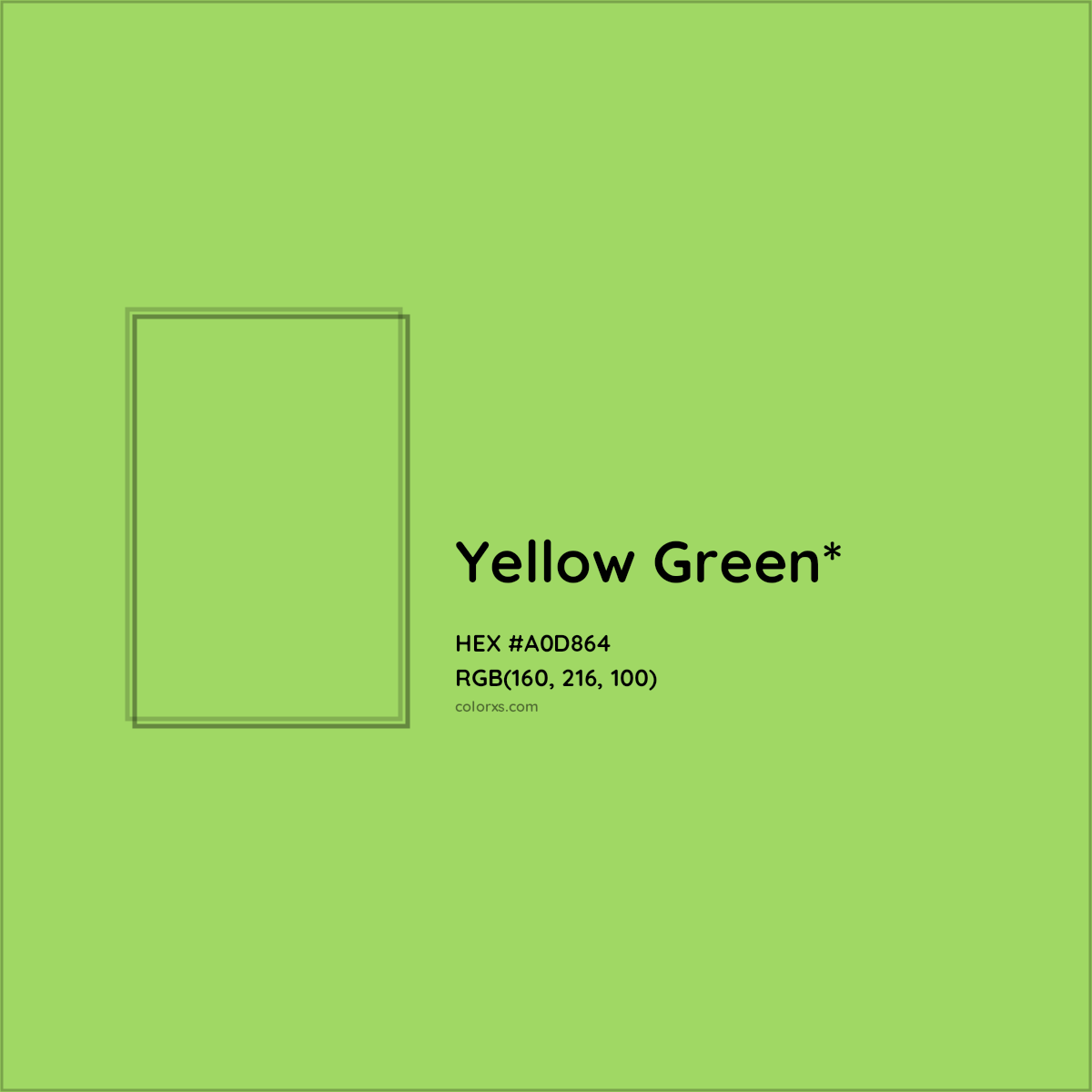 #A0D864 hex color. RGB, RYB, CMYK, HSL, HSV codes and color conversions. Matching color names, palettes, paints.