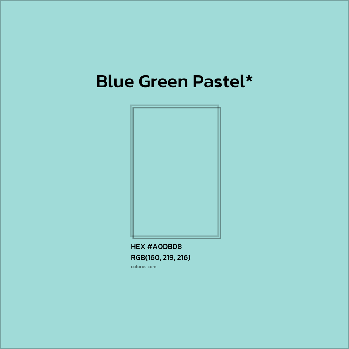 #A0DBD8 hex color. RGB, RYB, CMYK, HSL, HSV codes and color conversions. Matching color names, palettes, paints.