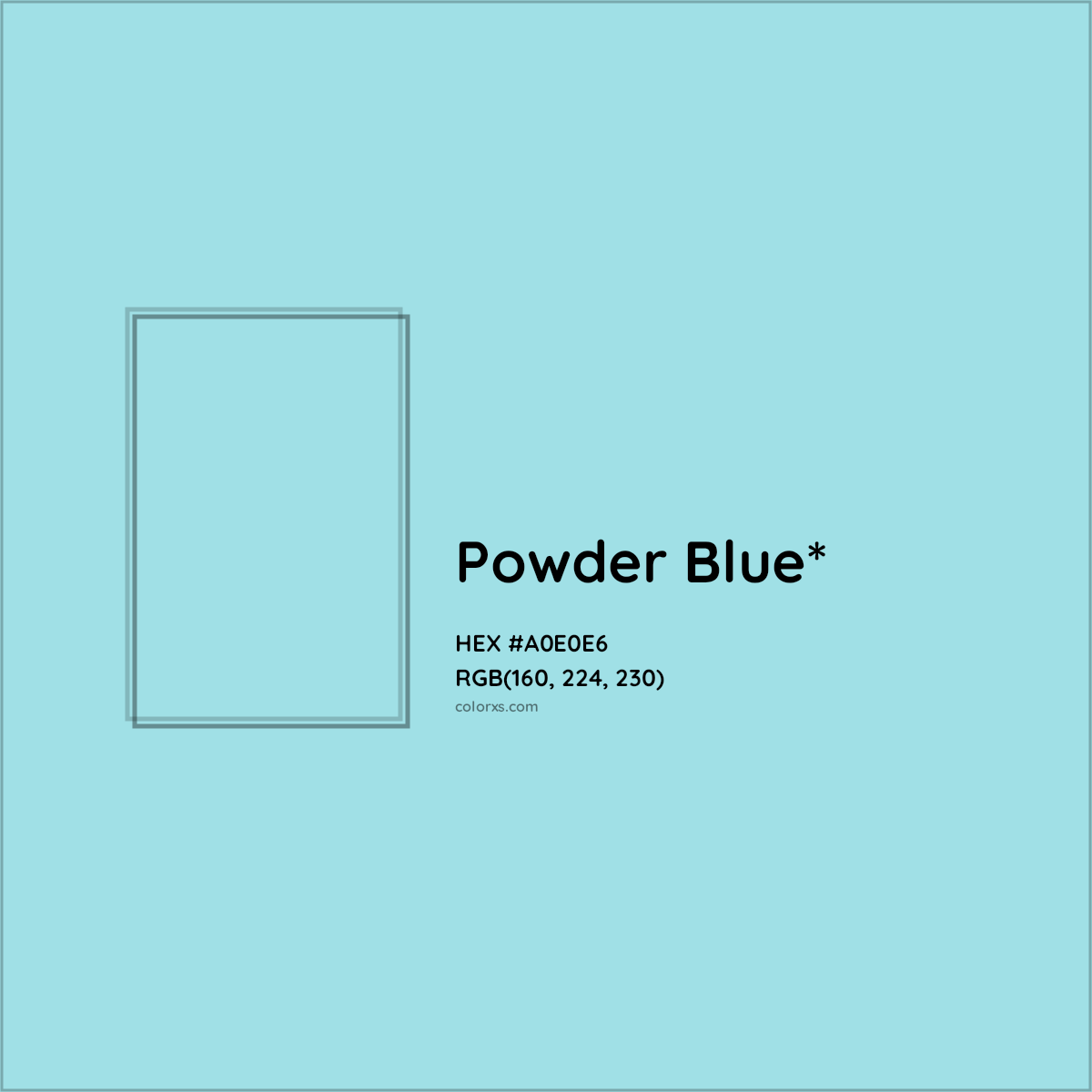 #A0E0E6 hex color. RGB, RYB, CMYK, HSL, HSV codes and color conversions. Matching color names, palettes, paints.