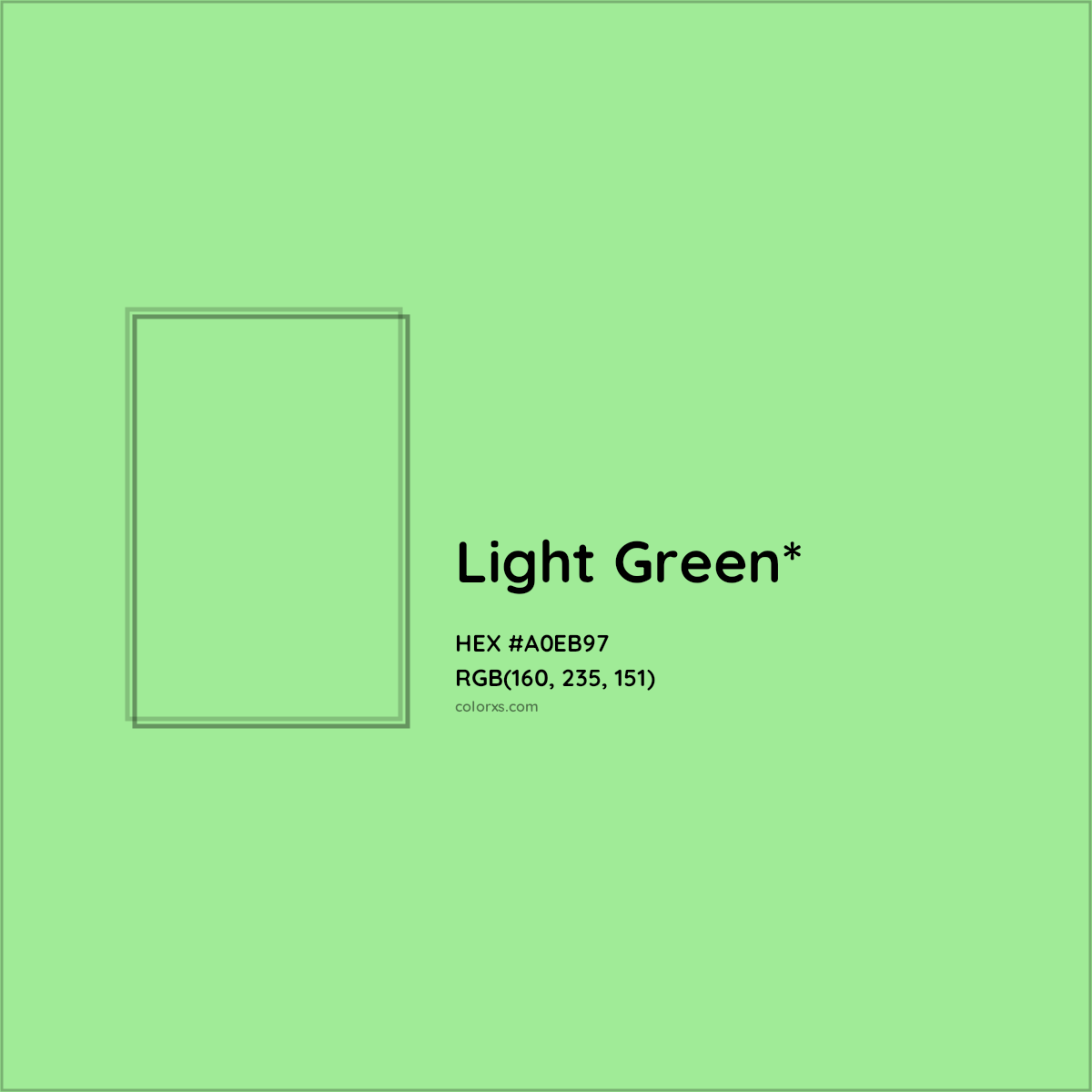 #A0EB97 hex color. RGB, RYB, CMYK, HSL, HSV codes and color conversions. Matching color names, palettes, paints.