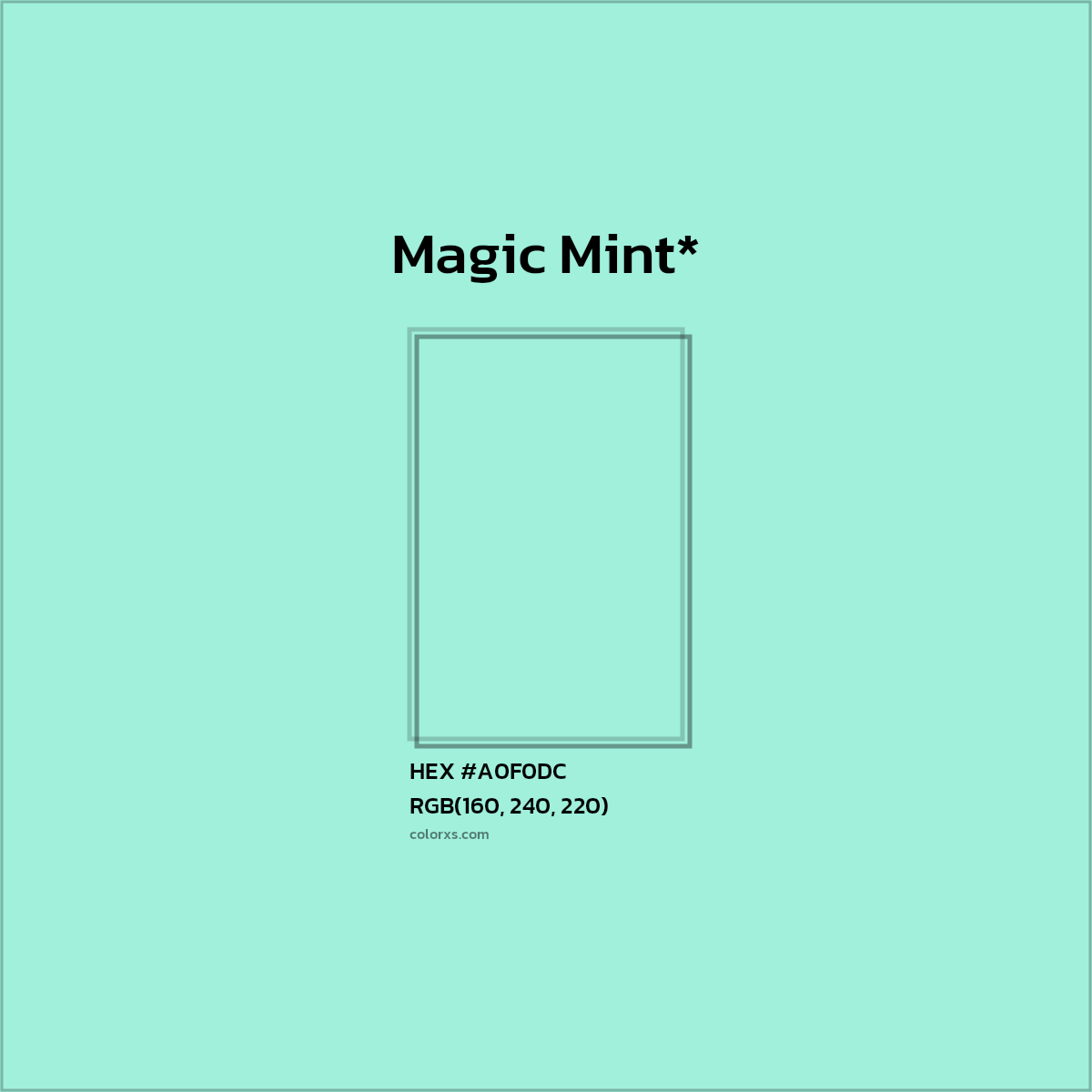 #A0F0DC hex color. RGB, RYB, CMYK, HSL, HSV codes and color conversions. Matching color names, palettes, paints.