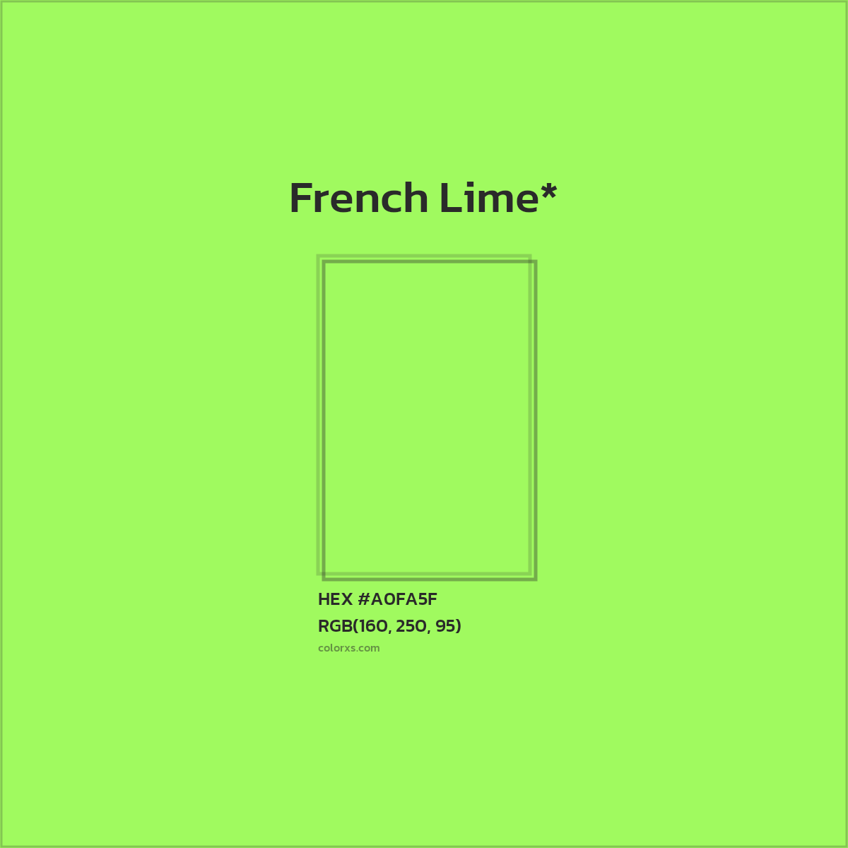 #A0FA5F hex color. RGB, RYB, CMYK, HSL, HSV codes and color conversions. Matching color names, palettes, paints.