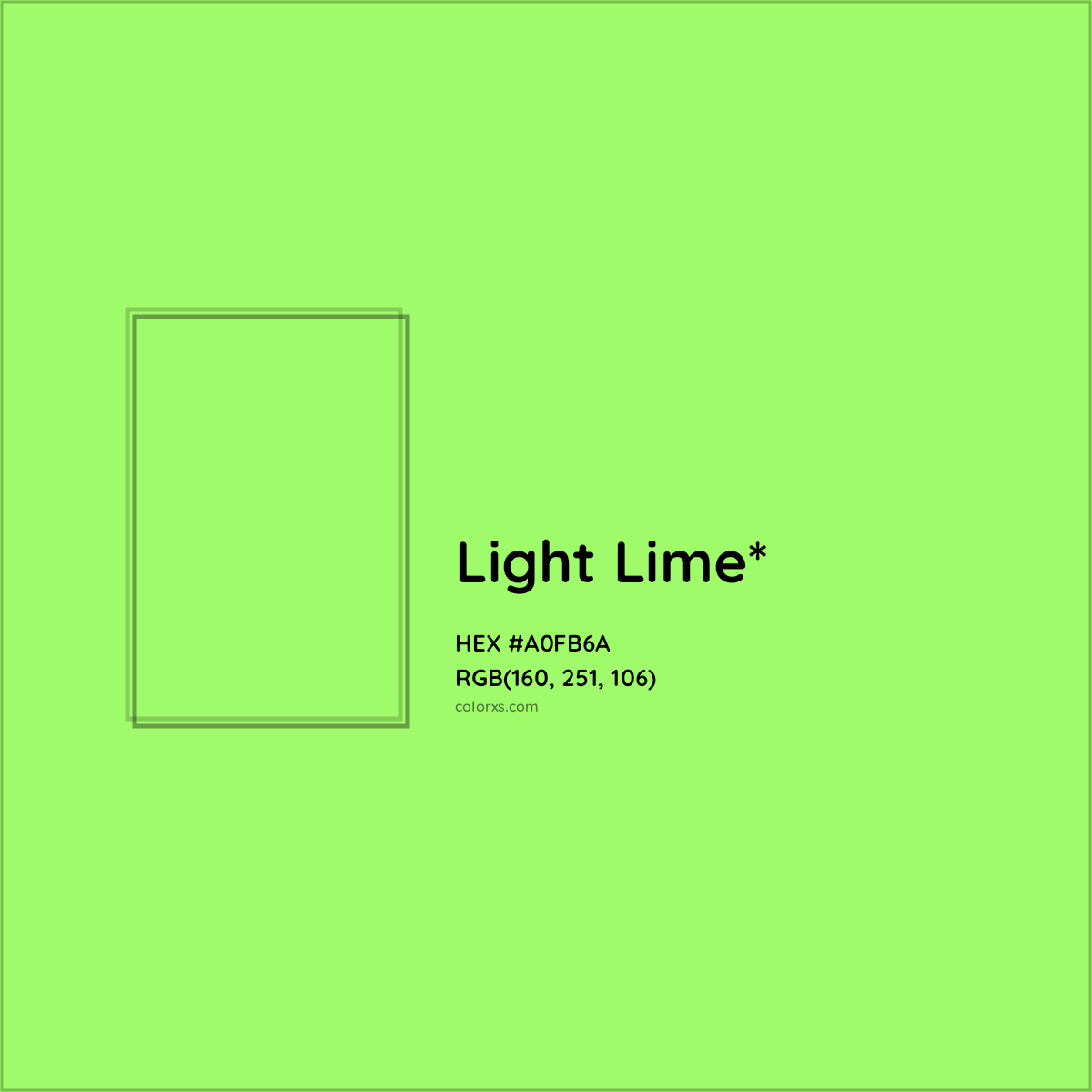 #A0FB6A hex color. RGB, RYB, CMYK, HSL, HSV codes and color conversions. Matching color names, palettes, paints.