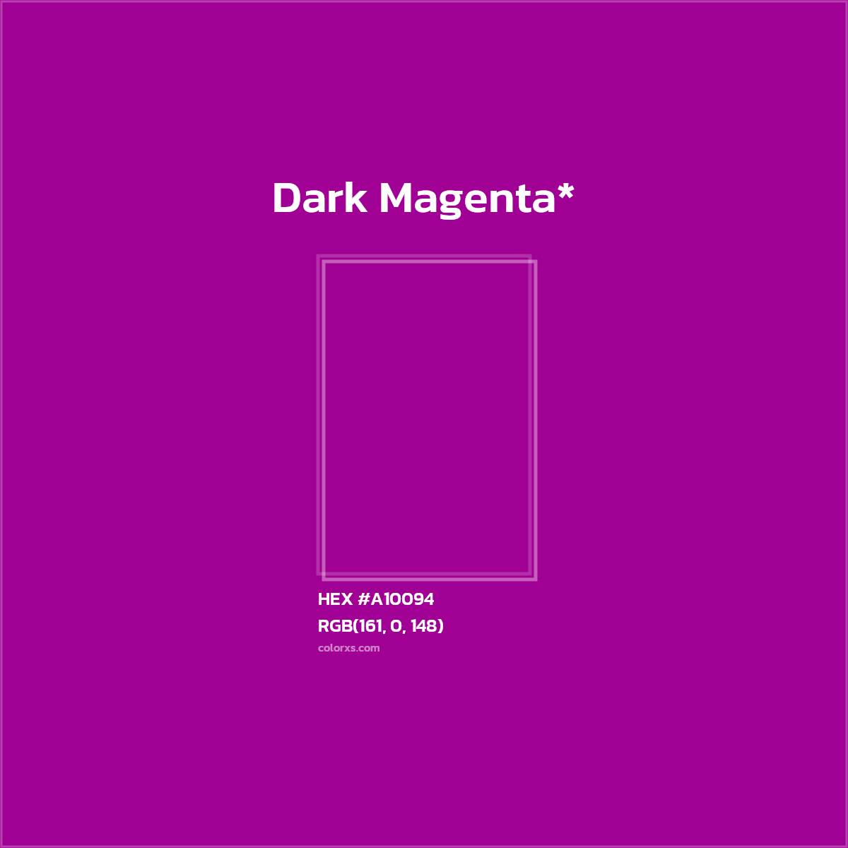 #A10094 hex color. RGB, RYB, CMYK, HSL, HSV codes and color conversions. Matching color names, palettes, paints.