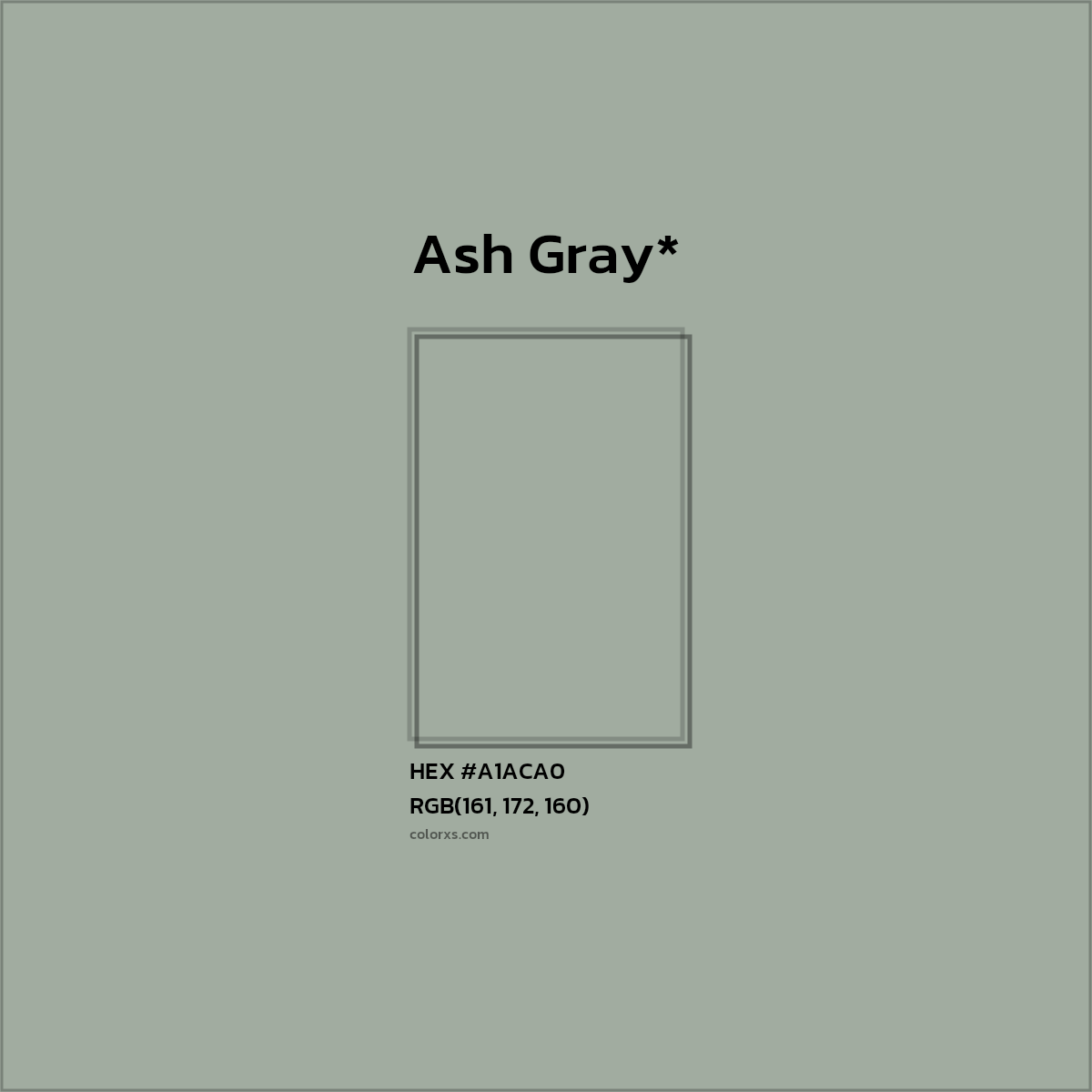 #A1ACA0 hex color. RGB, RYB, CMYK, HSL, HSV codes and color conversions. Matching color names, palettes, paints.
