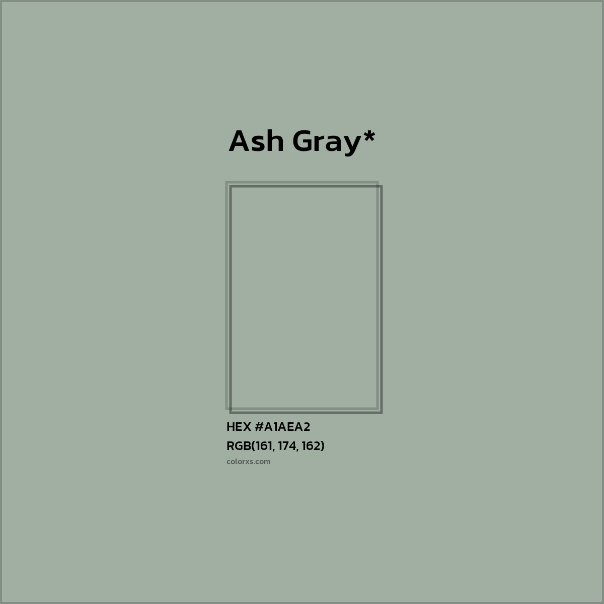 #A1AEA2 hex color. RGB, RYB, CMYK, HSL, HSV codes and color conversions. Matching color names, palettes, paints.