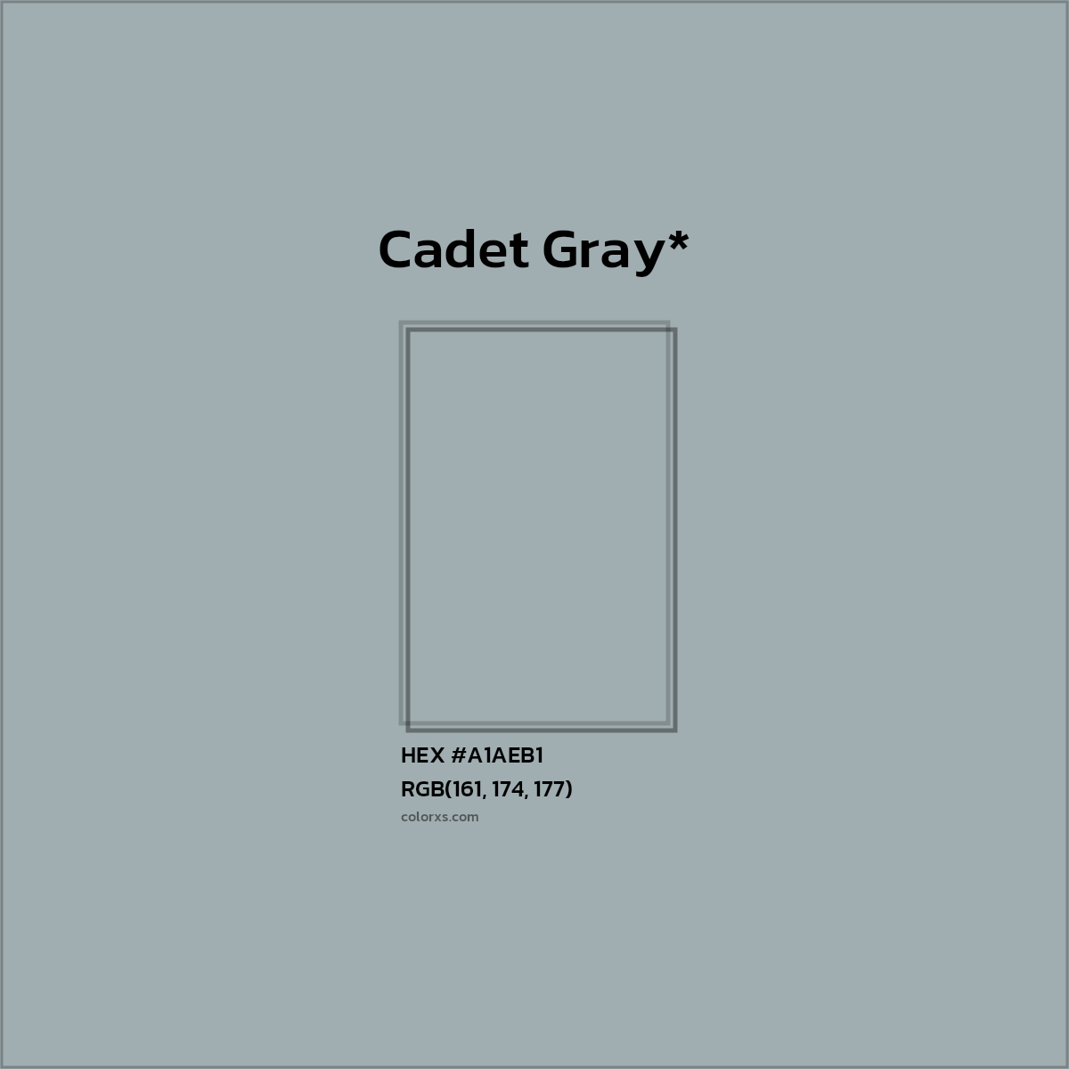 #A1AEB1 hex color. RGB, RYB, CMYK, HSL, HSV codes and color conversions. Matching color names, palettes, paints.