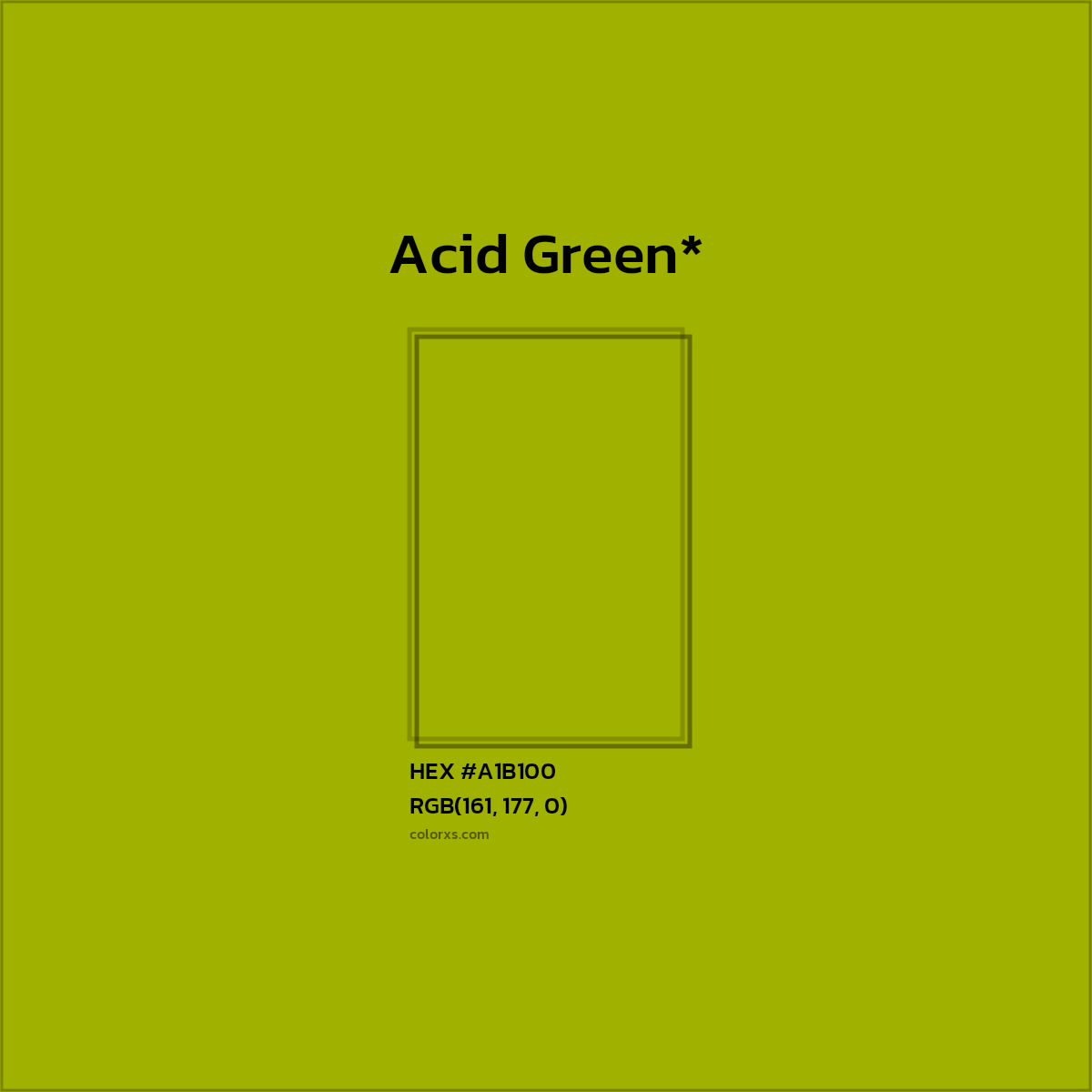 #A1B100 hex color. RGB, RYB, CMYK, HSL, HSV codes and color conversions. Matching color names, palettes, paints.