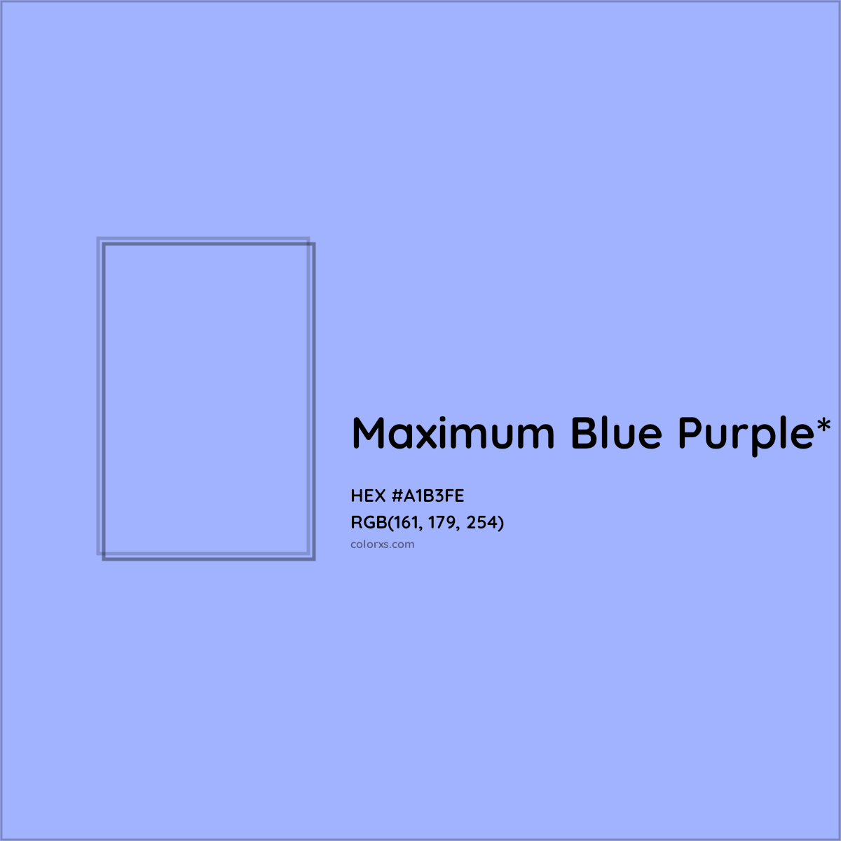#A1B3FE hex color. RGB, RYB, CMYK, HSL, HSV codes and color conversions. Matching color names, palettes, paints.