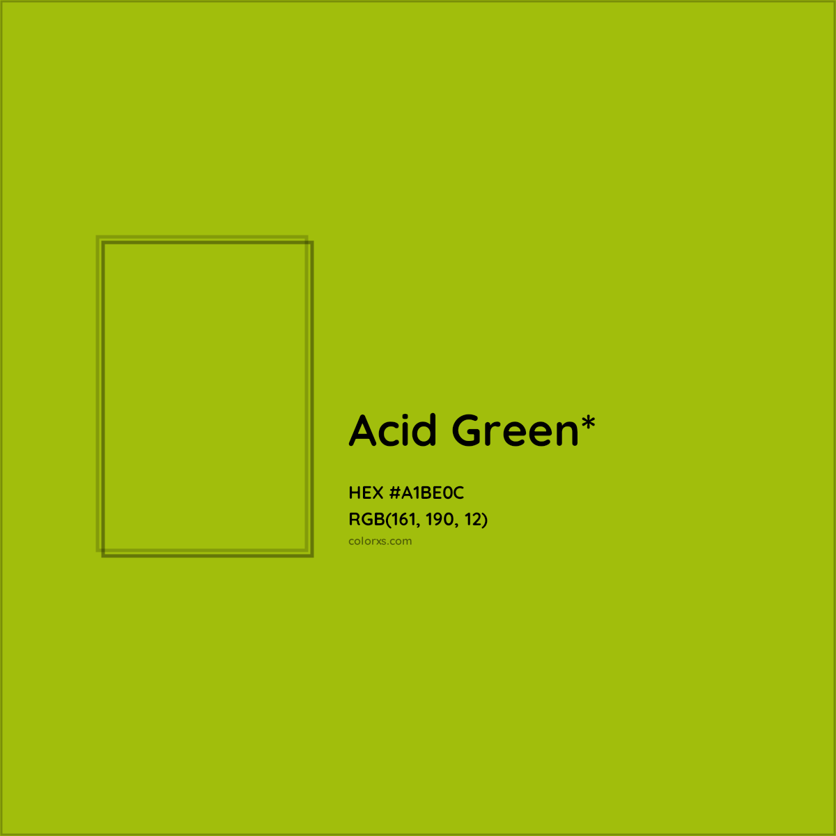 #A1BE0C hex color. RGB, RYB, CMYK, HSL, HSV codes and color conversions. Matching color names, palettes, paints.