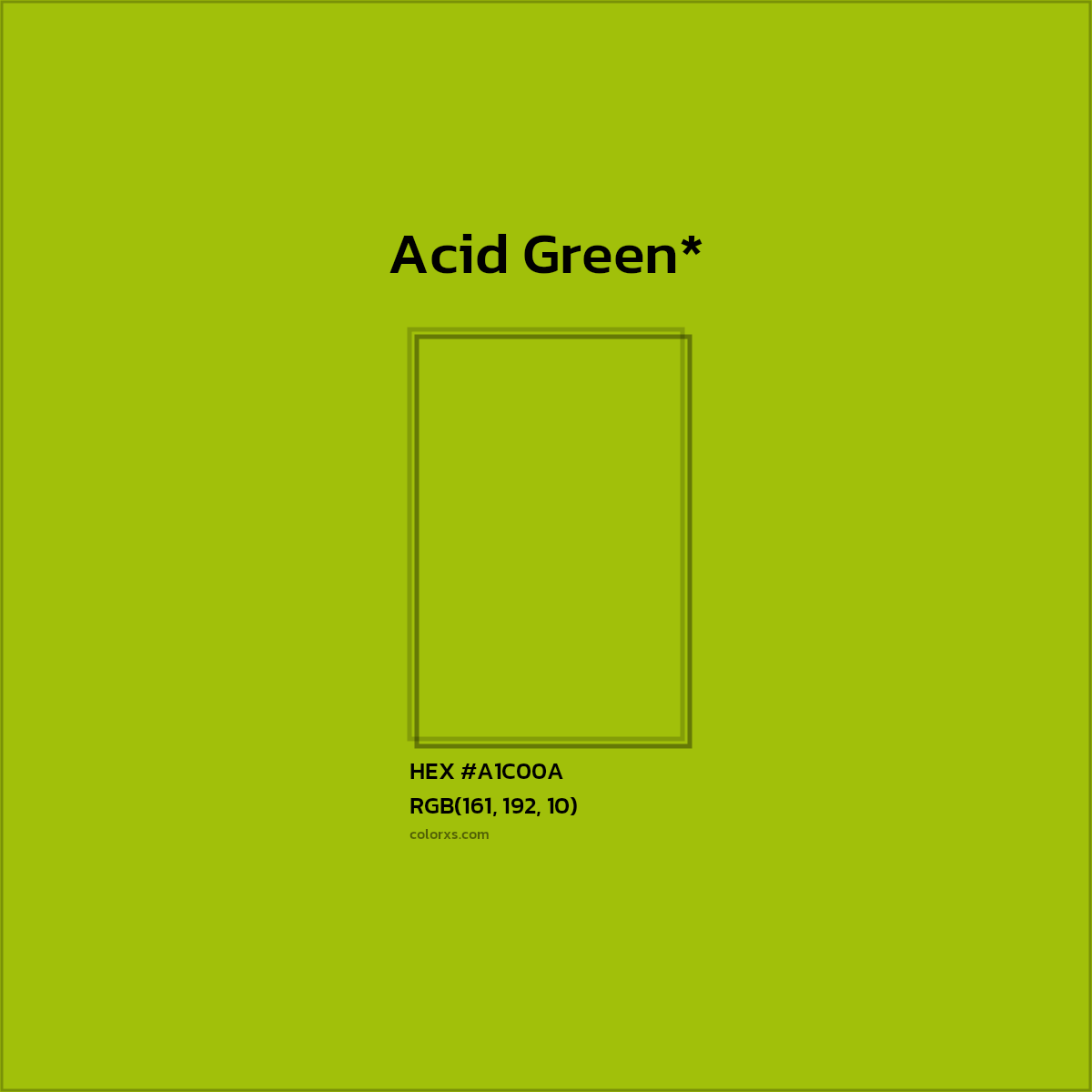 #A1C00A hex color. RGB, RYB, CMYK, HSL, HSV codes and color conversions. Matching color names, palettes, paints.