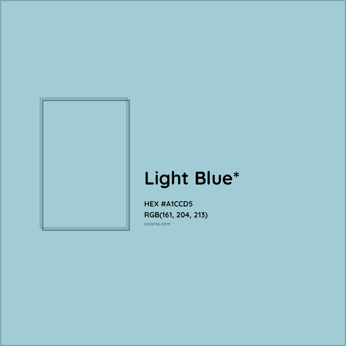 #A1CCD5 hex color. RGB, RYB, CMYK, HSL, HSV codes and color conversions. Matching color names, palettes, paints.